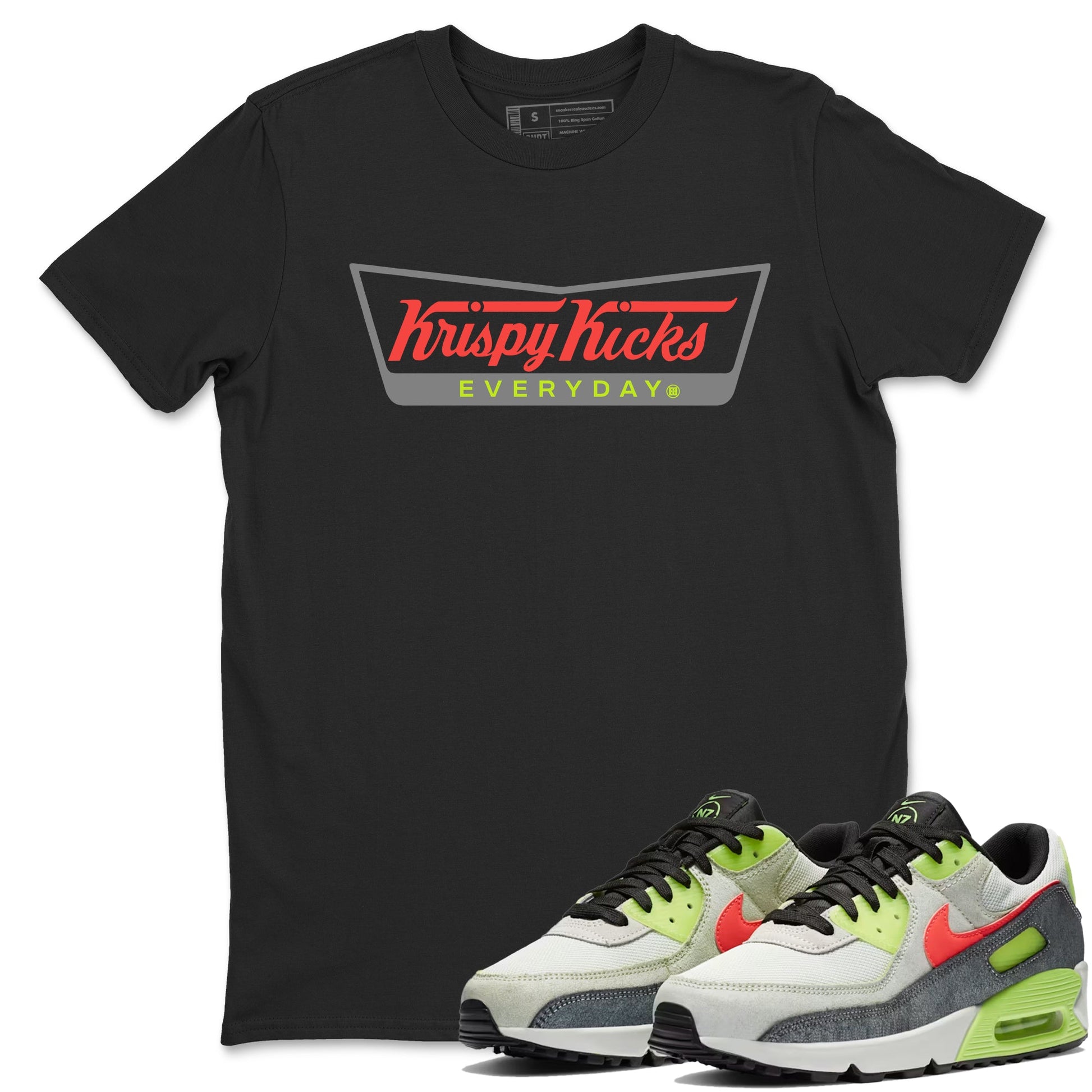 Sneaker Threads – Sneaker Tees To Match Air Max 90 Spruce Aura and Ghost Green – Krispy Kicks Graphic Tee Black 1. Perfect for Jordan releases 2025 colorways.