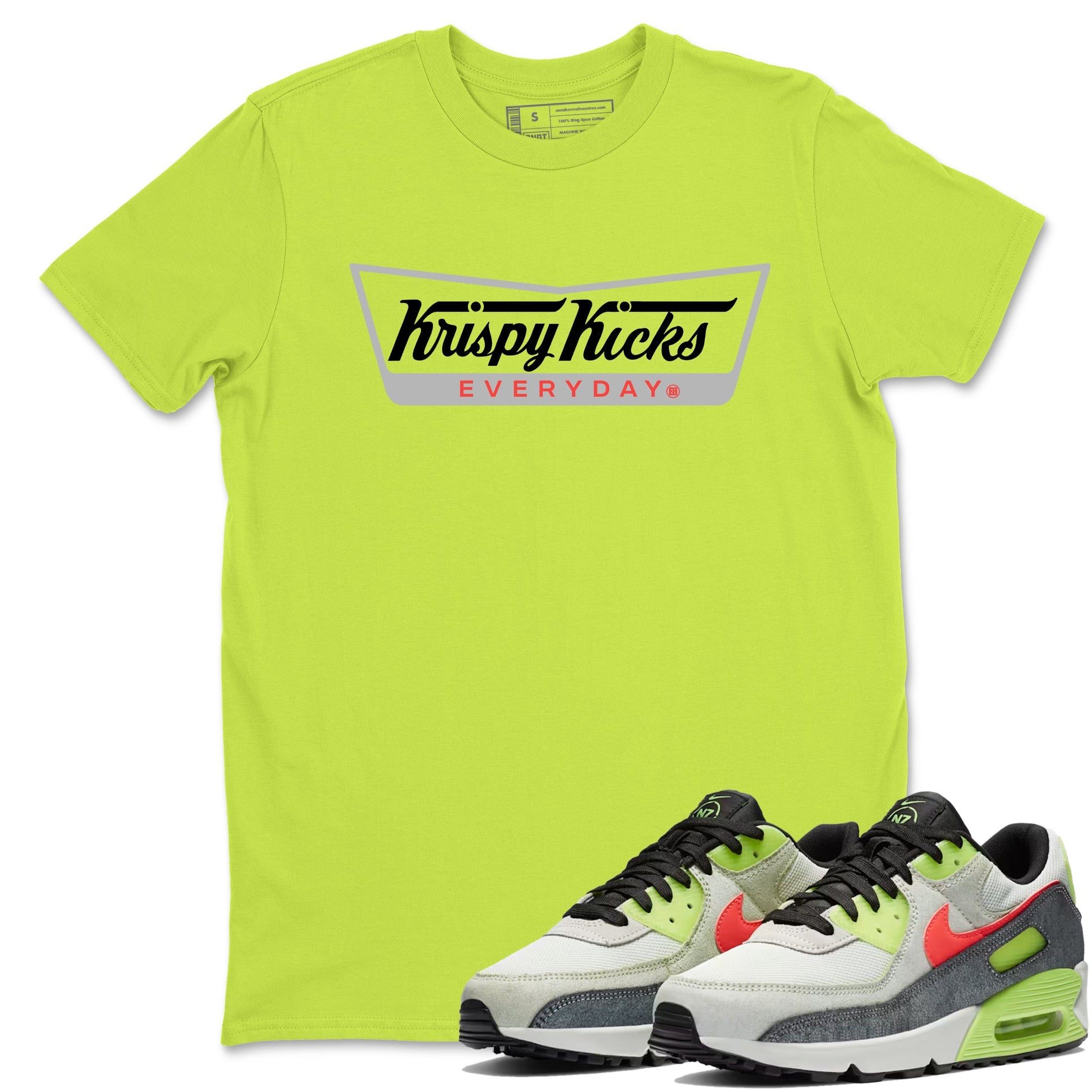 Sneaker Threads – Sneaker Tees To Match Air Max 90 Spruce Aura and Ghost Green – Krispy Kicks Graphic Tee Safety Green 1. Perfect for Jordan releases 2025 colorways.