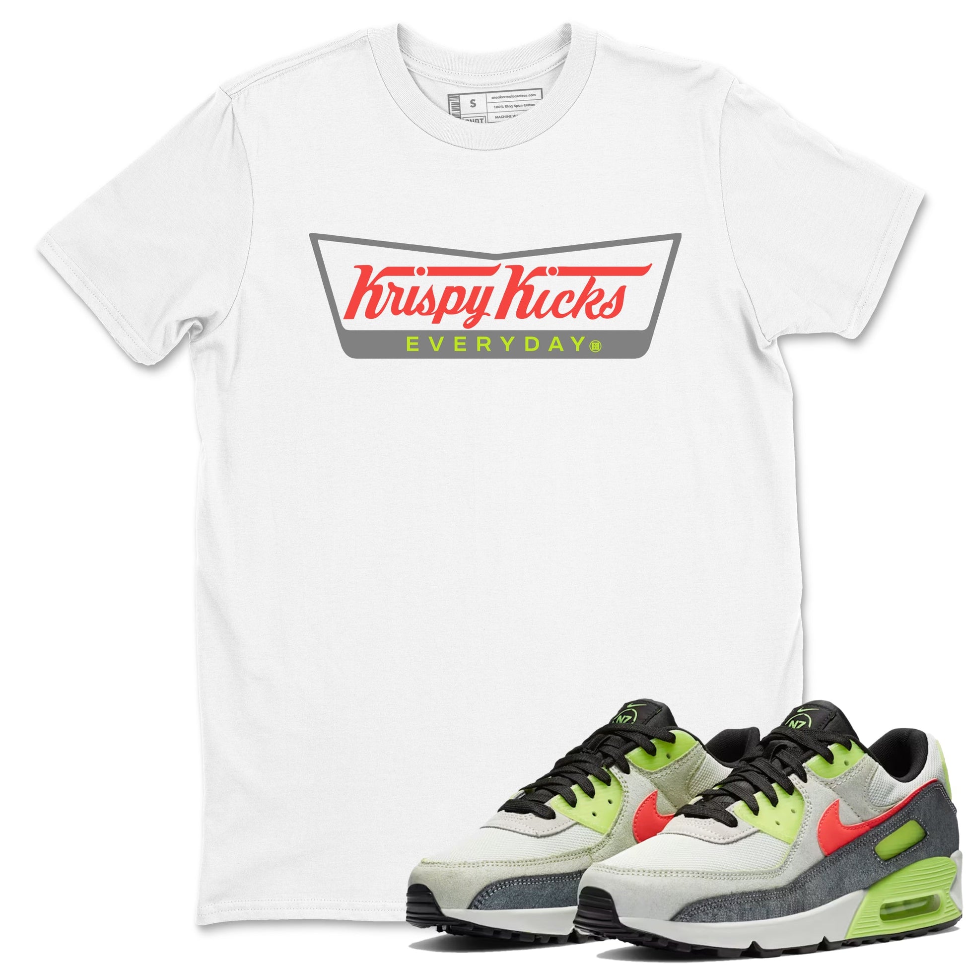 Sneaker Threads – Sneaker Tees To Match Air Max 90 Spruce Aura and Ghost Green – Krispy Kicks Graphic Tee White 1. Perfect for Jordan releases 2025 colorways.