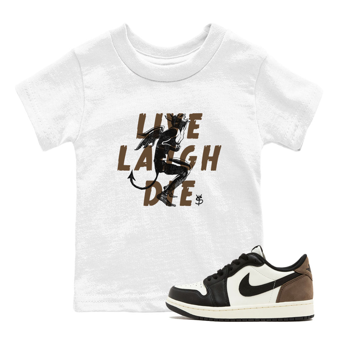 1s Mocha shirts to match jordans Laughing Devil unique Halloween sneaker tee Air Jordan 1 Mocha SNRT Sneaker Release Tees Youth Baby White 1 crew neck shirts