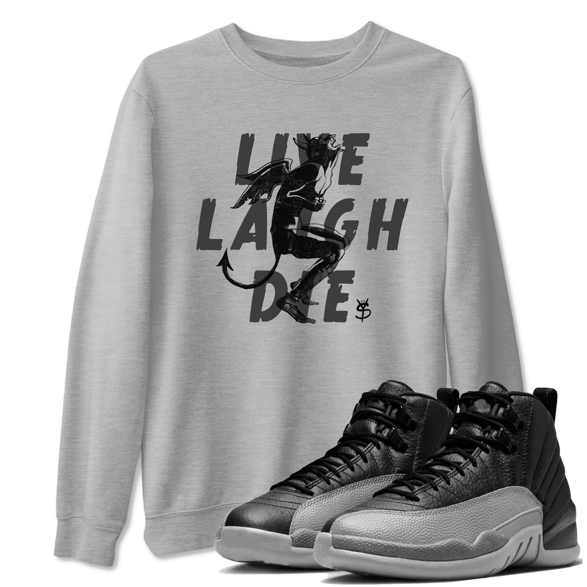 12s Black Wolf Grey shirts to match jordans Laughing Devil unique Halloween sneaker tee Air Jordan 12 Black Wolf Grey SNRT Sneaker Release Tees unisex cotton Heather Grey 1 crew neck shirts