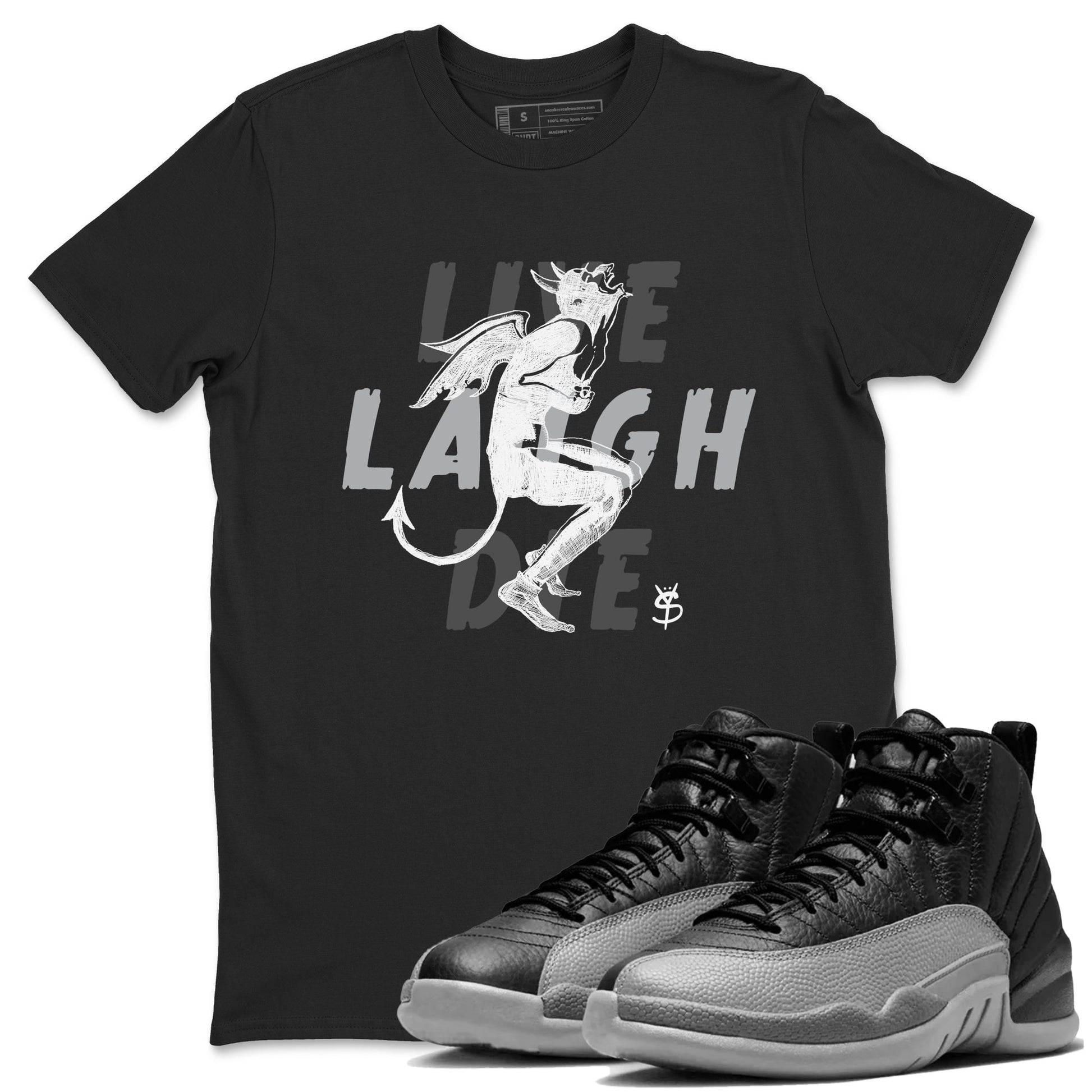 12s Black Wolf Grey shirts to match jordans Laughing Devil unique Halloween sneaker tee Air Jordan 12 Black Wolf Grey SNRT Sneaker Release Tees unisex cotton Black 1 crew neck shirts