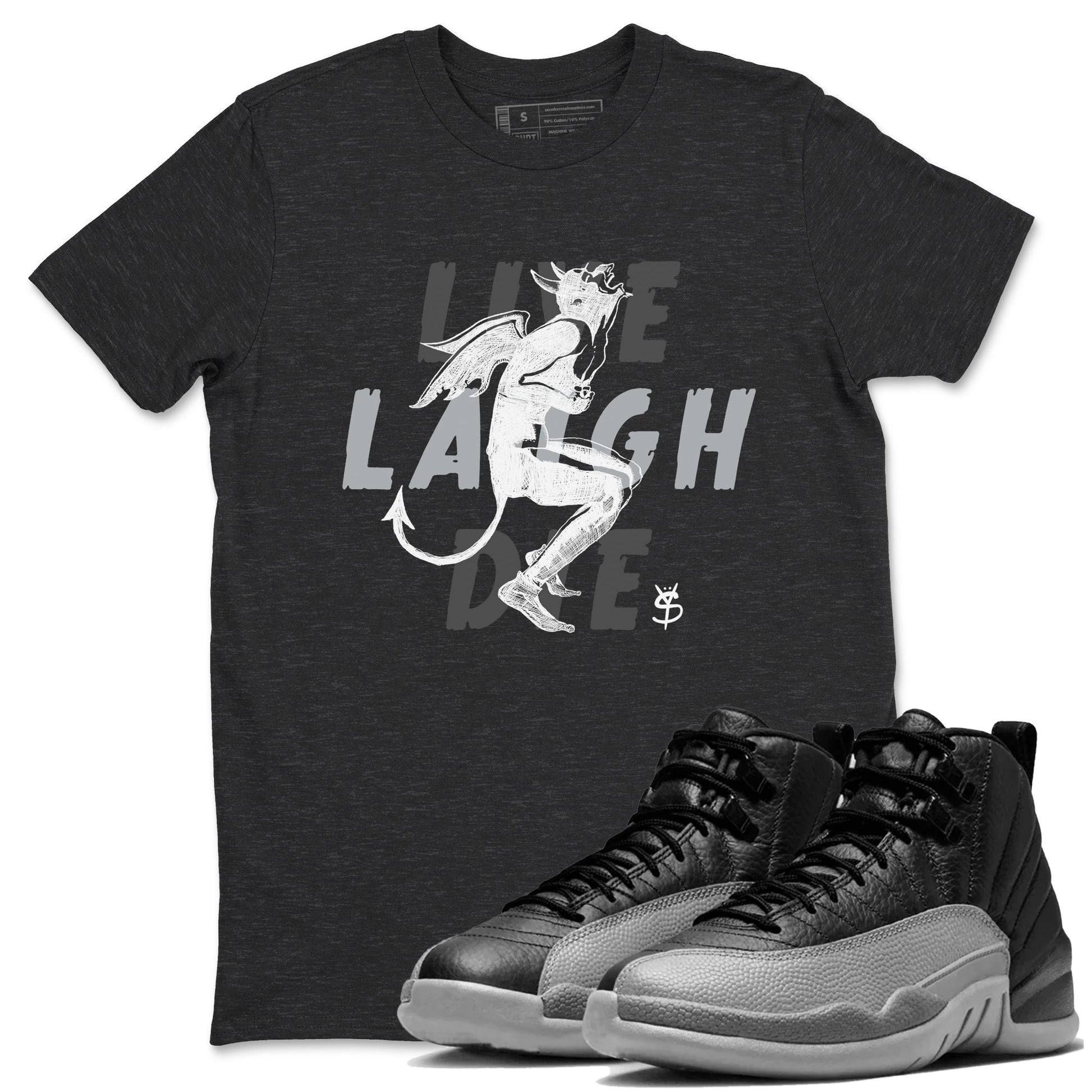 12s Black Wolf Grey shirts to match jordans Laughing Devil unique Halloween sneaker tee Air Jordan 12 Black Wolf Grey SNRT Sneaker Release Tees unisex cotton Charcoal Heather 1 crew neck shirts