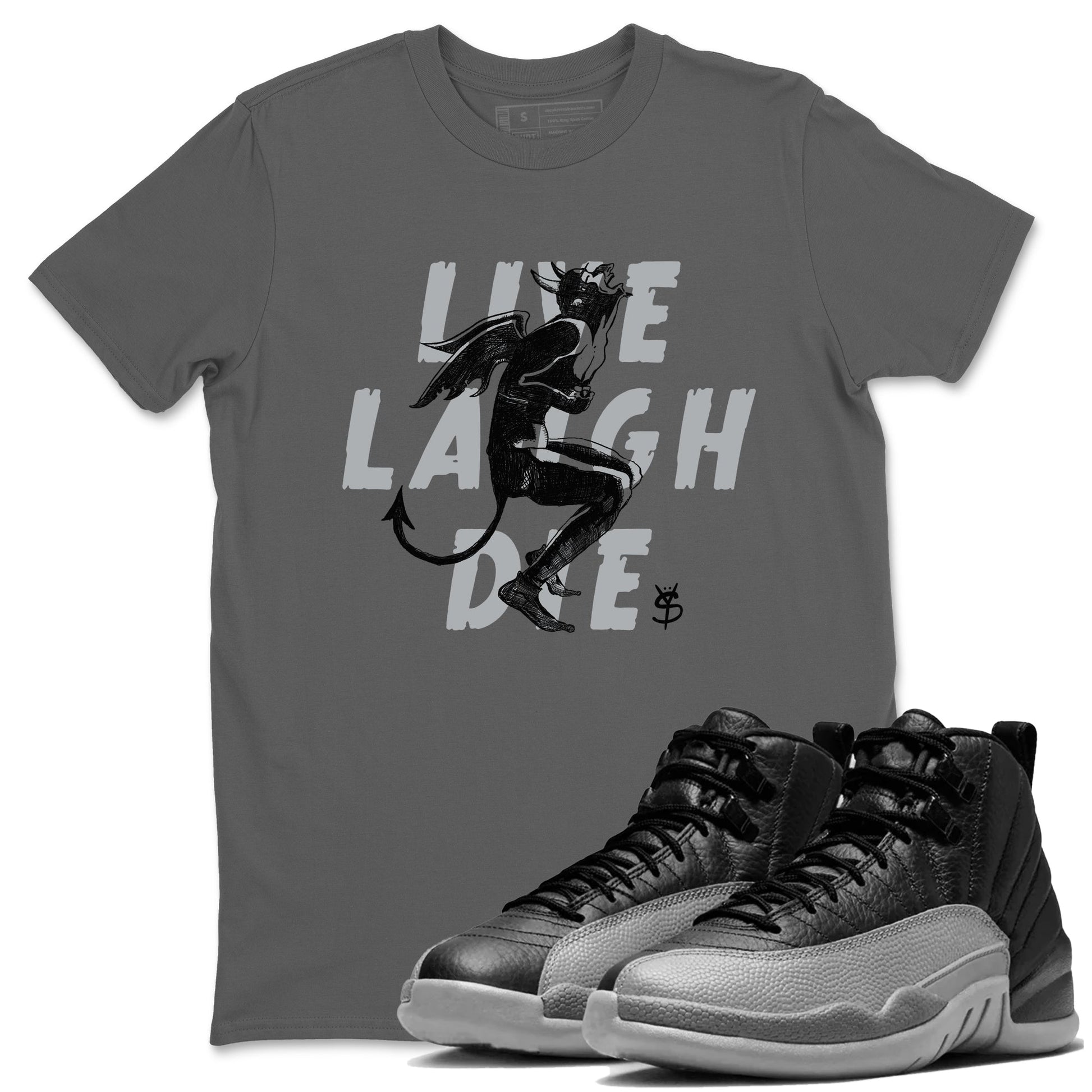 12s Black Wolf Grey shirts to match jordans Laughing Devil unique Halloween sneaker tee Air Jordan 12 Black Wolf Grey SNRT Sneaker Release Tees unisex cotton Cool Grey 1 crew neck shirts