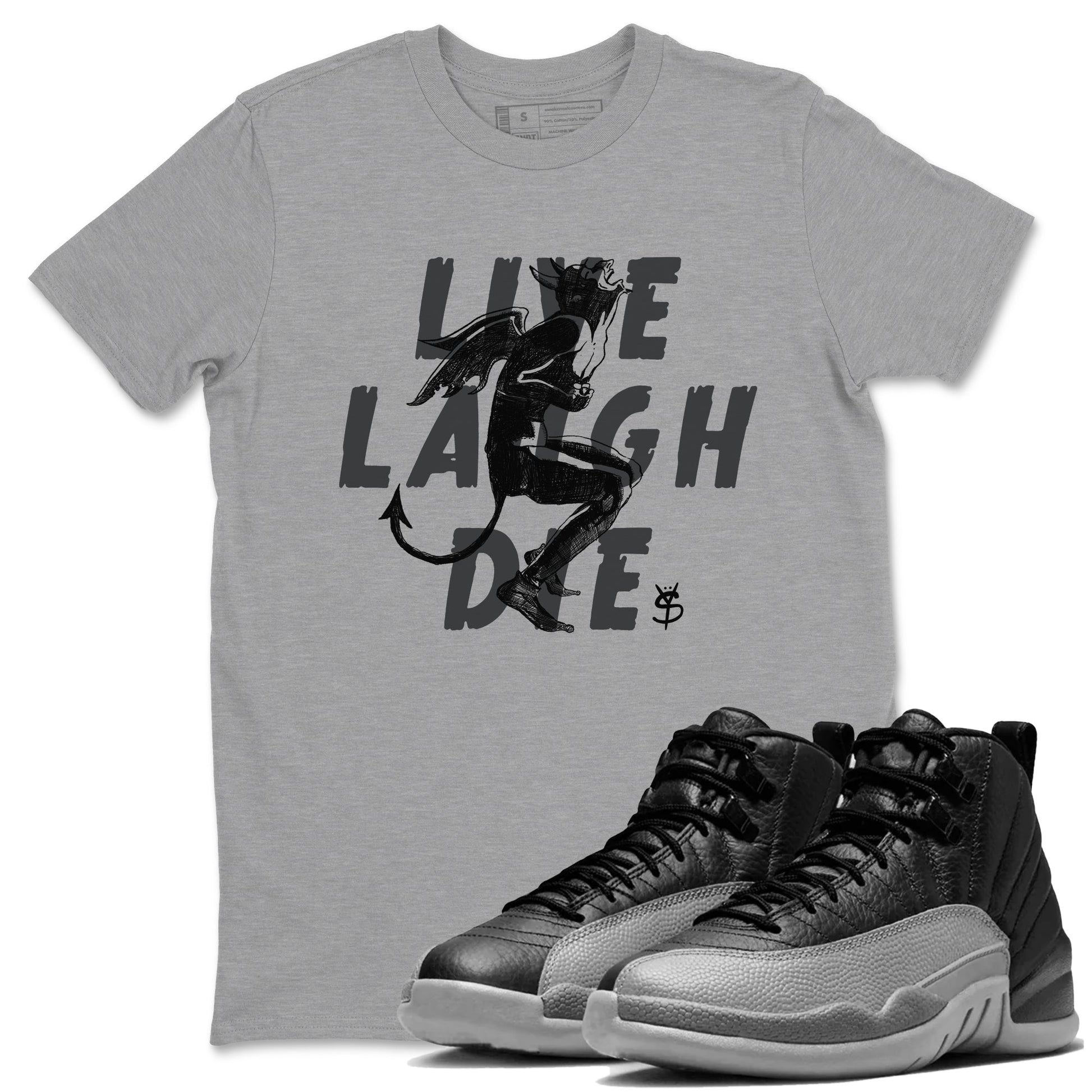 12s Black Wolf Grey shirts to match jordans Laughing Devil unique Halloween sneaker tee Air Jordan 12 Black Wolf Grey SNRT Sneaker Release Tees unisex cotton Heather Grey 1 crew neck shirts