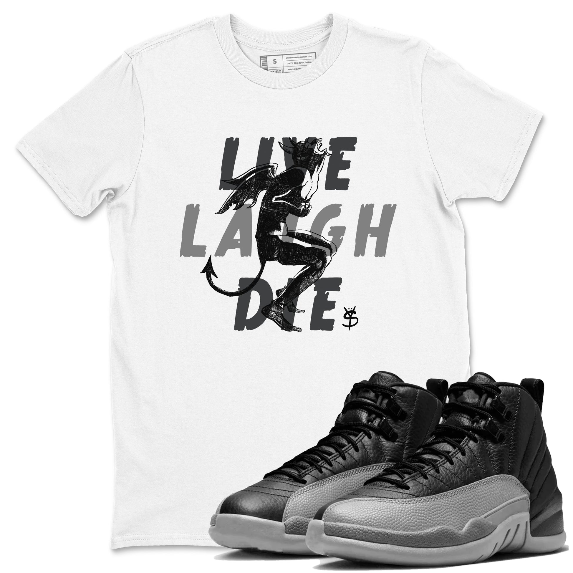 12s Black Wolf Grey shirts to match jordans Laughing Devil unique Halloween sneaker tee Air Jordan 12 Black Wolf Grey SNRT Sneaker Release Tees unisex cotton White 1 crew neck shirts