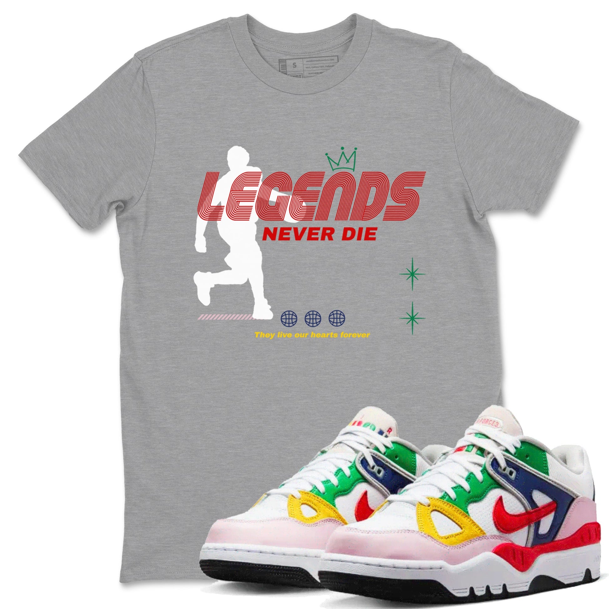 AF 3 Nigo shirtsto match jordans Legends Never Die sneaker match tees Air Force 3 Low x Nigo Blue Void and Tour Yellow match shoes to clothes SNRT Sneaker Tees unisex cotton Heather Grey 1 shirts