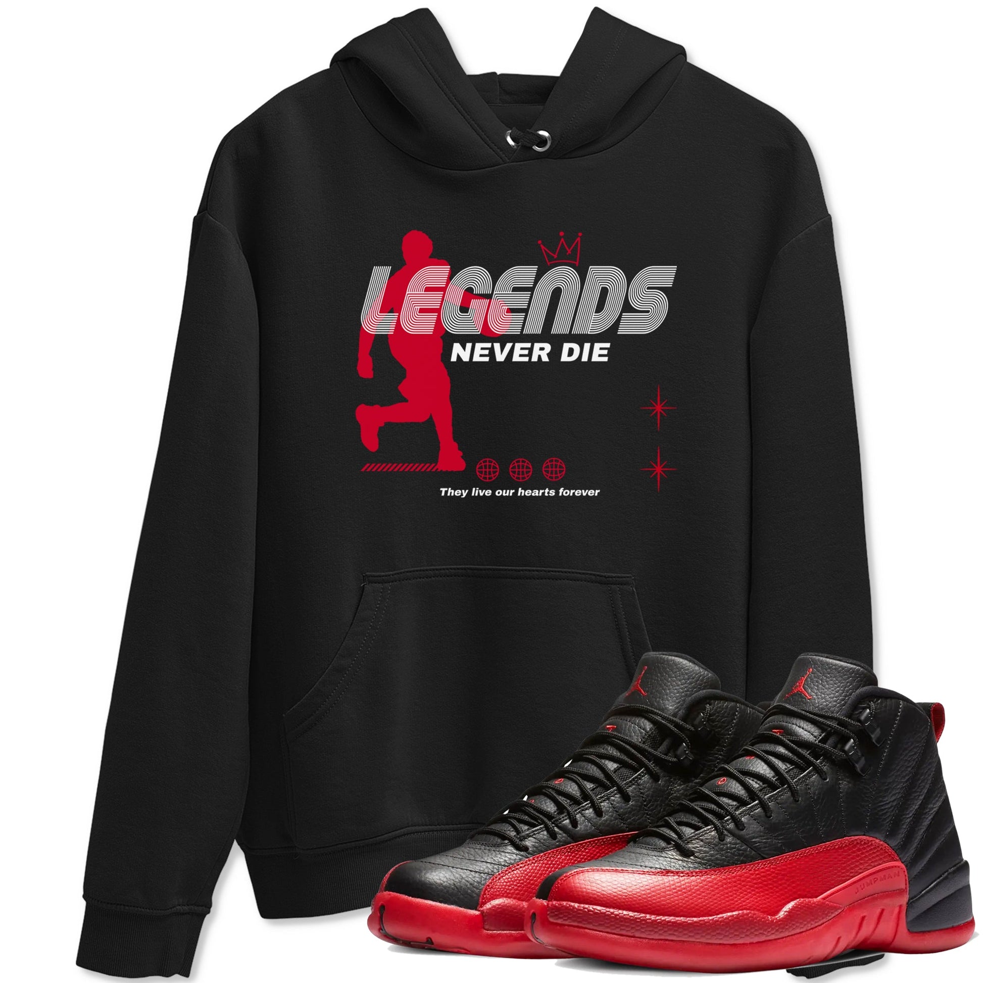 12s Flu Game shirts to match jordans Legends Never Die best t shirts to wear with jordans Air Jordan 12 Retro Flu Black and Varsity Red match shoes to clothes SNRT Sneaker Tees unisex cotton Black 1 shirts