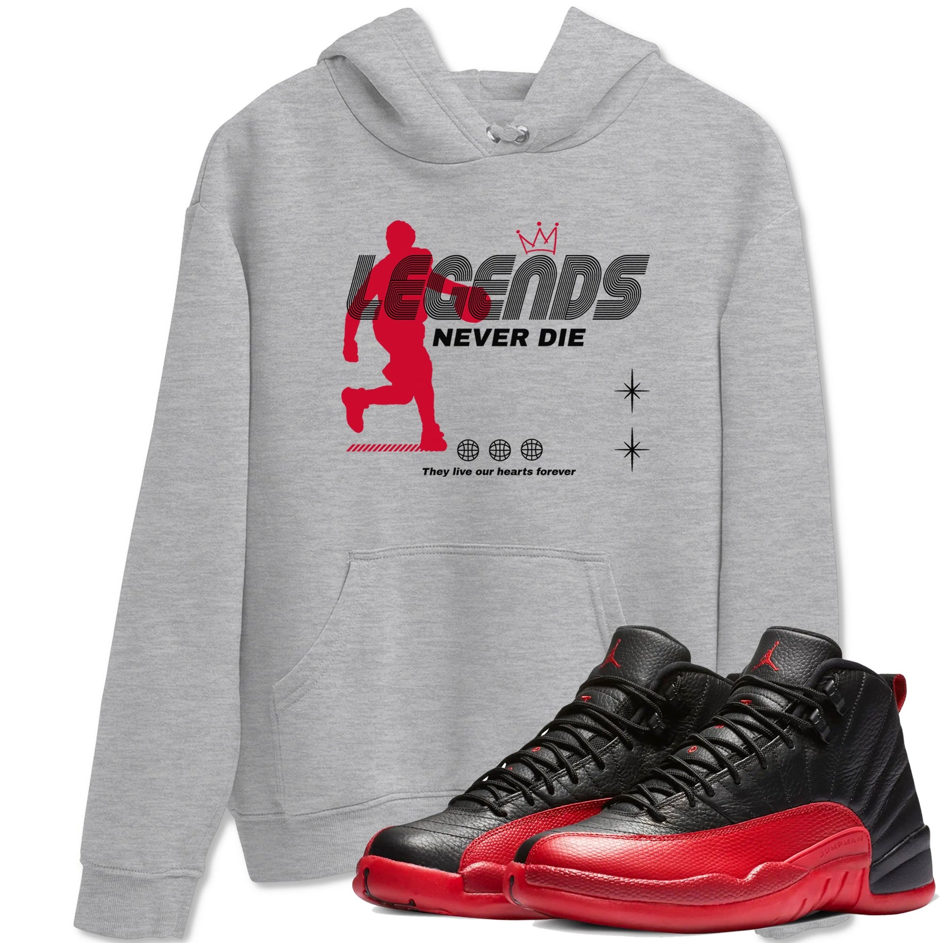 12s Flu Game shirts to match jordans Legends Never Die best t shirts to wear with jordans Air Jordan 12 Retro Flu Black and Varsity Red match shoes to clothes SNRT Sneaker Tees unisex cotton Heather Grey 1 shirts