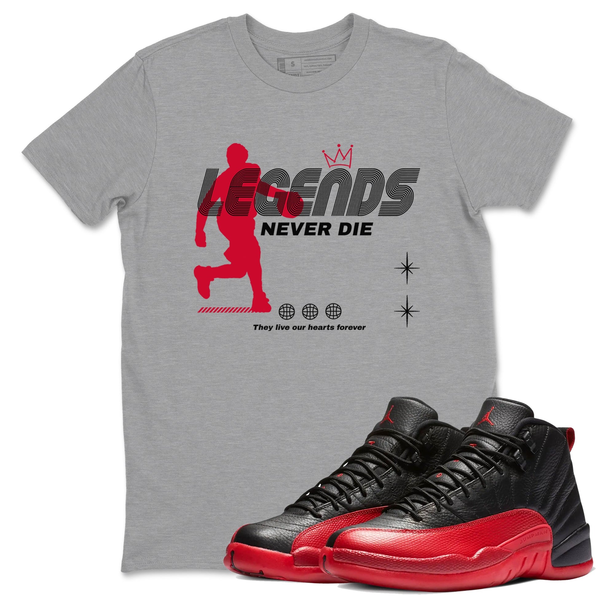12s Flu Game shirts to match jordans Legends Never Die best t shirts to wear with jordans Air Jordan 12 Retro Flu Black and Varsity Red match shoes to clothes SNRT Sneaker Tees unisex cotton Heather Grey 1 shirts