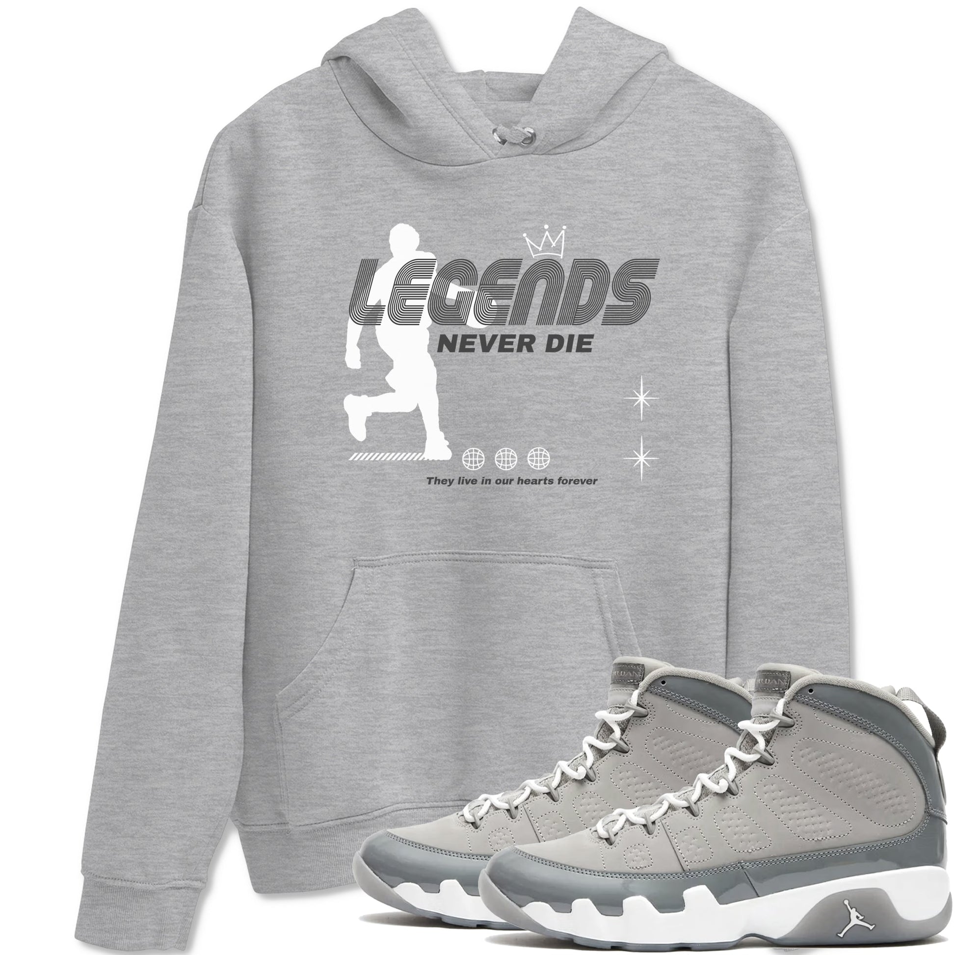 9s Cool Grey shirts to match jordans Legends Never Die sneaker match tees Air Jordan 9 Retro Cool Grey match shoes to clothes SNRT Sneaker Tees unisex cotton Heather Grey 1 shirts