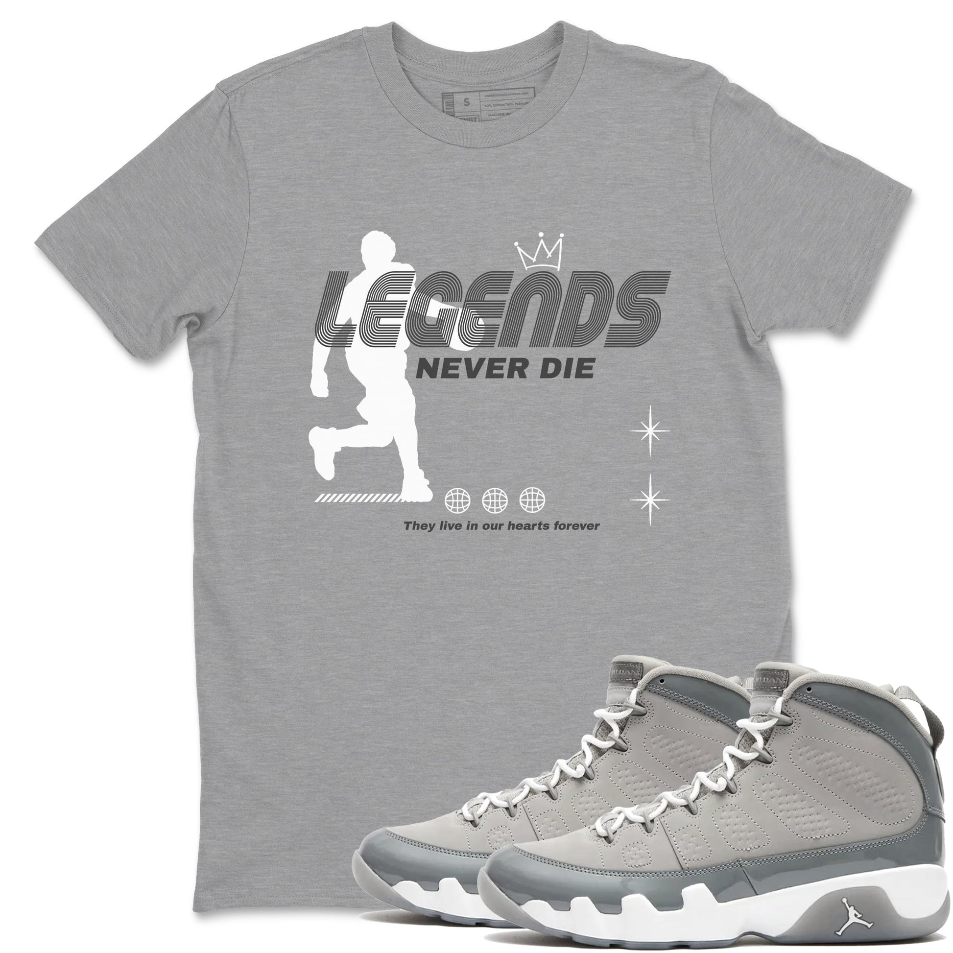 9s Cool Grey shirts to match jordans Legends Never Die sneaker match tees Air Jordan 9 Retro Cool Grey match shoes to clothes SNRT Sneaker Tees unisex cotton Heather Grey 1 shirts