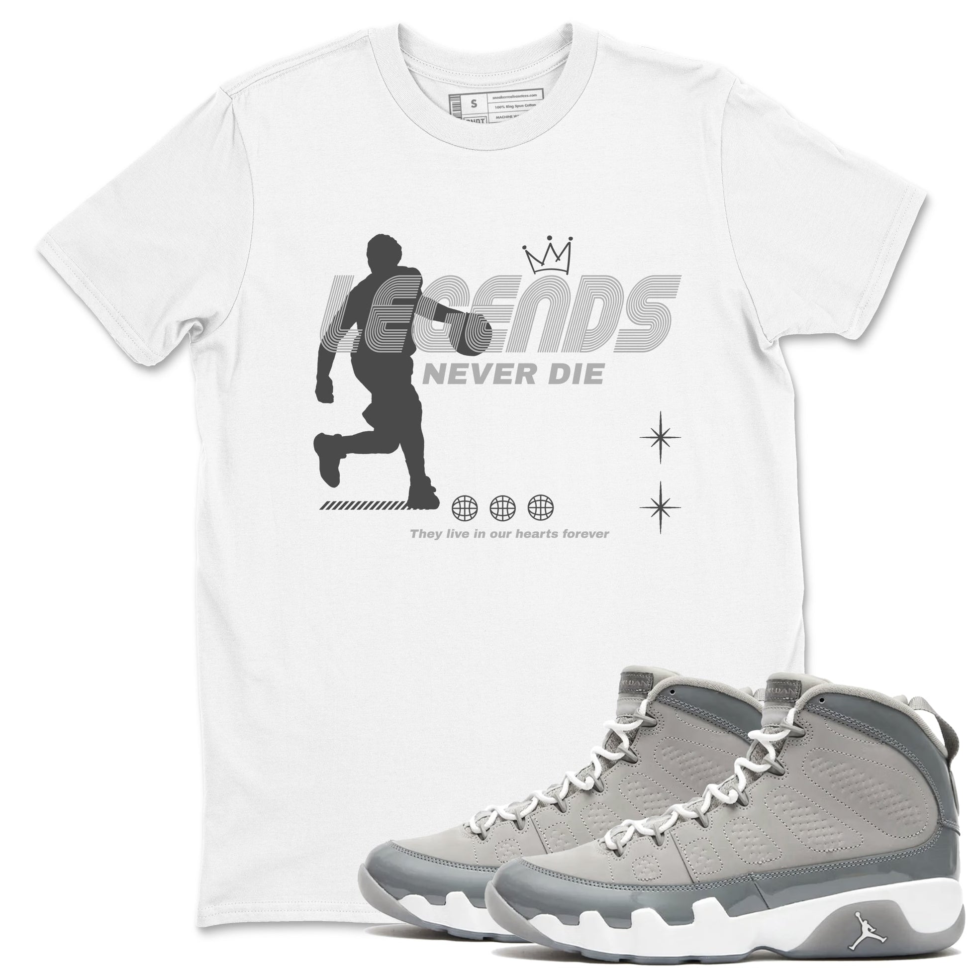 9s Cool Grey shirts to match jordans Legends Never Die sneaker match tees Air Jordan 9 Retro Cool Grey match shoes to clothes SNRT Sneaker Tees unisex cotton White 1 shirts