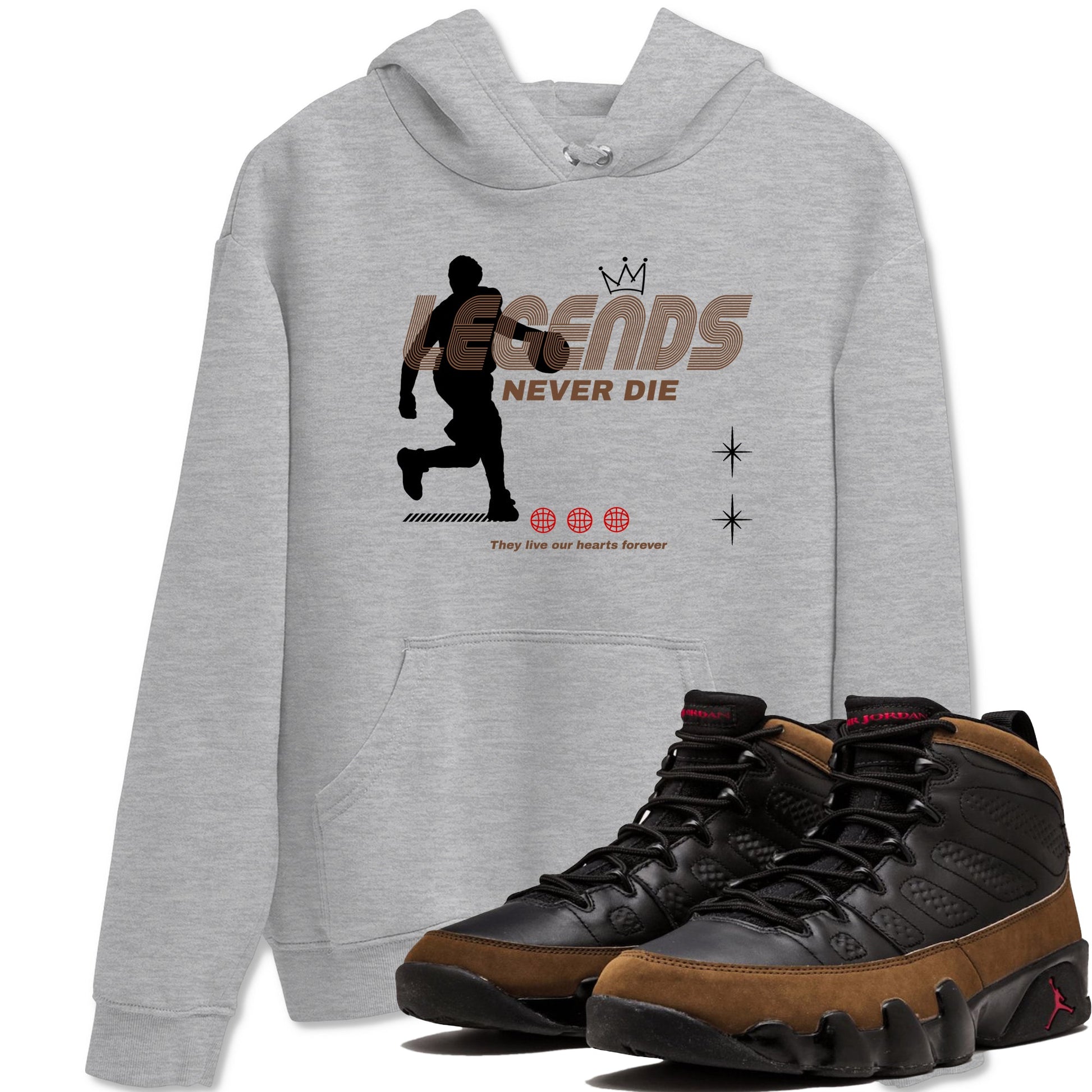 9s Olive shirts to match jordans Legends Never Die sneaker match tees Air Jordan 9 Olive match shoes to clothes SNRT Sneaker Tees unisex cotton Heather Grey 1 shirts