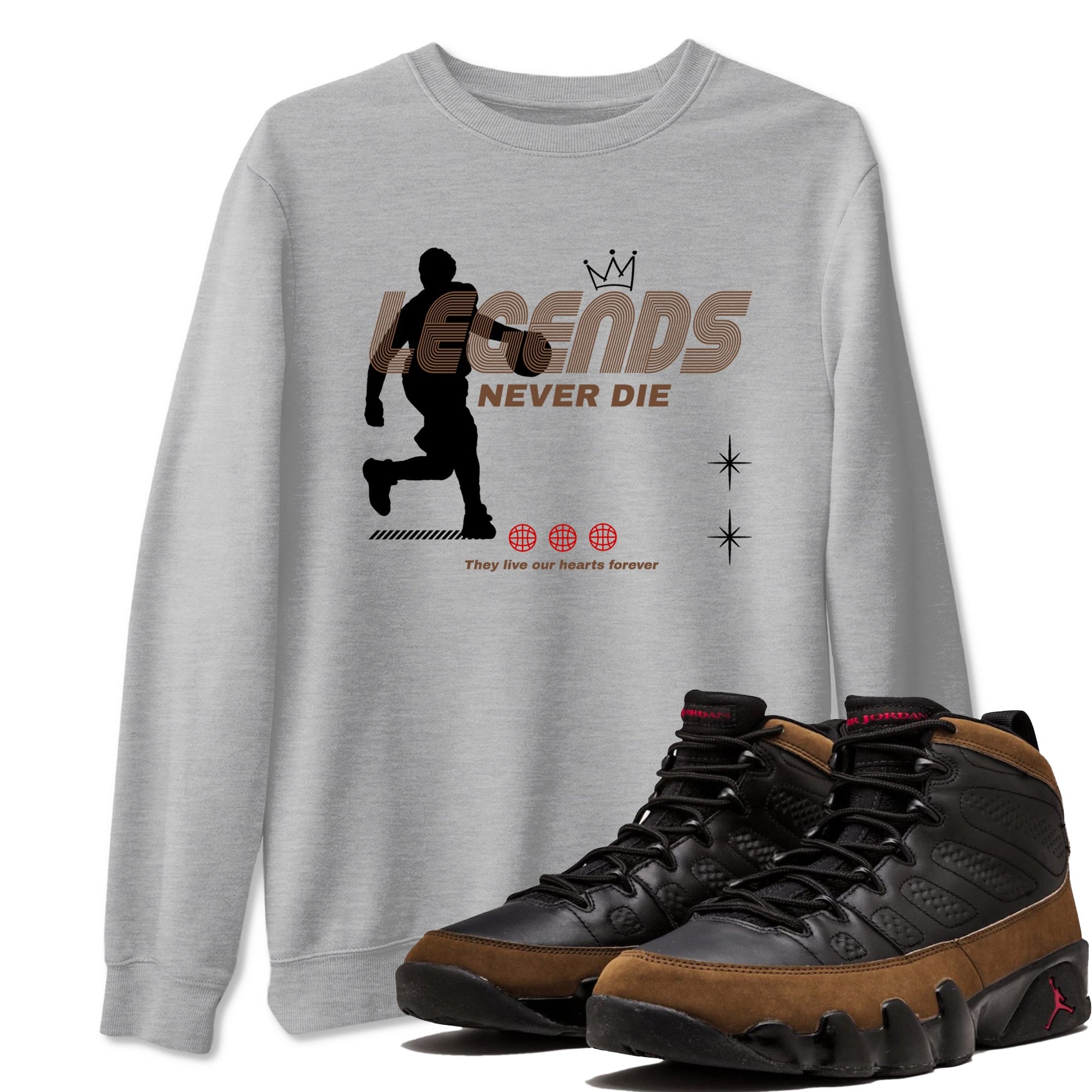9s Olive shirts to match jordans Legends Never Die sneaker match tees Air Jordan 9 Olive match shoes to clothes SNRT Sneaker Tees unisex cotton Heather Grey 1 shirts