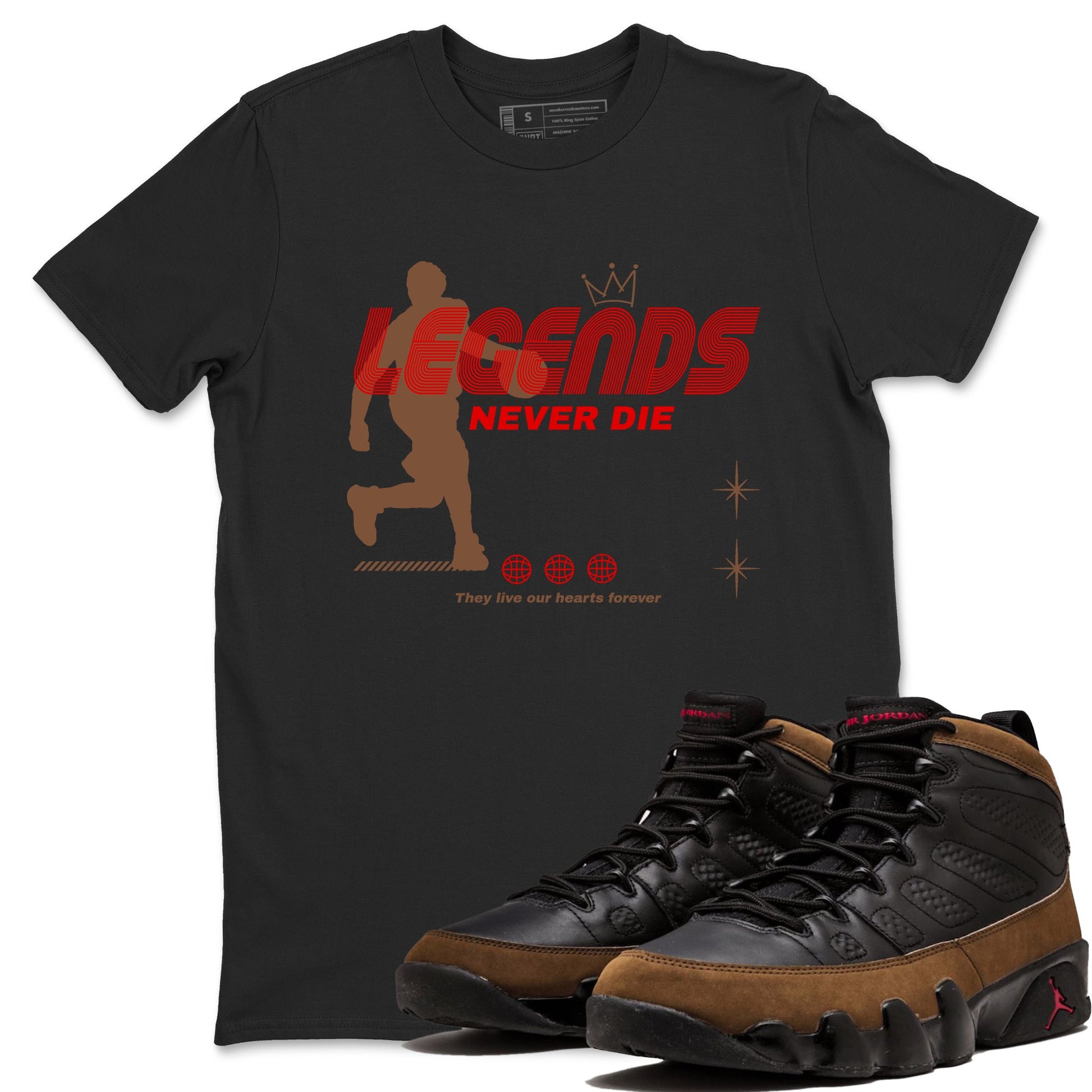 9s Olive shirts to match jordans Legends Never Die sneaker match tees Air Jordan 9 Olive match shoes to clothes SNRT Sneaker Tees unisex cotton Black 1 shirts
