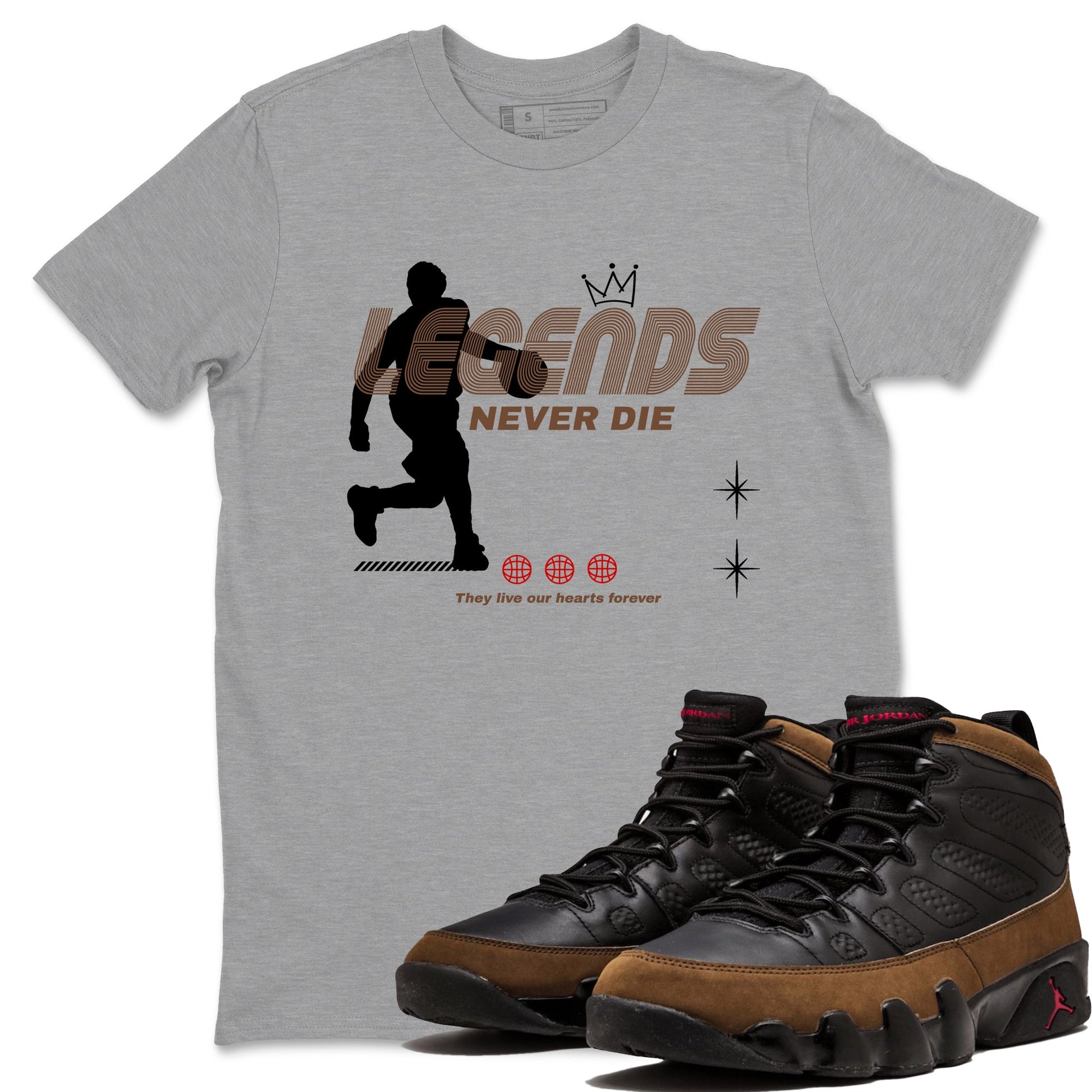9s Olive shirts to match jordans Legends Never Die sneaker match tees Air Jordan 9 Olive match shoes to clothes SNRT Sneaker Tees unisex cotton Heather Grey 1 shirts