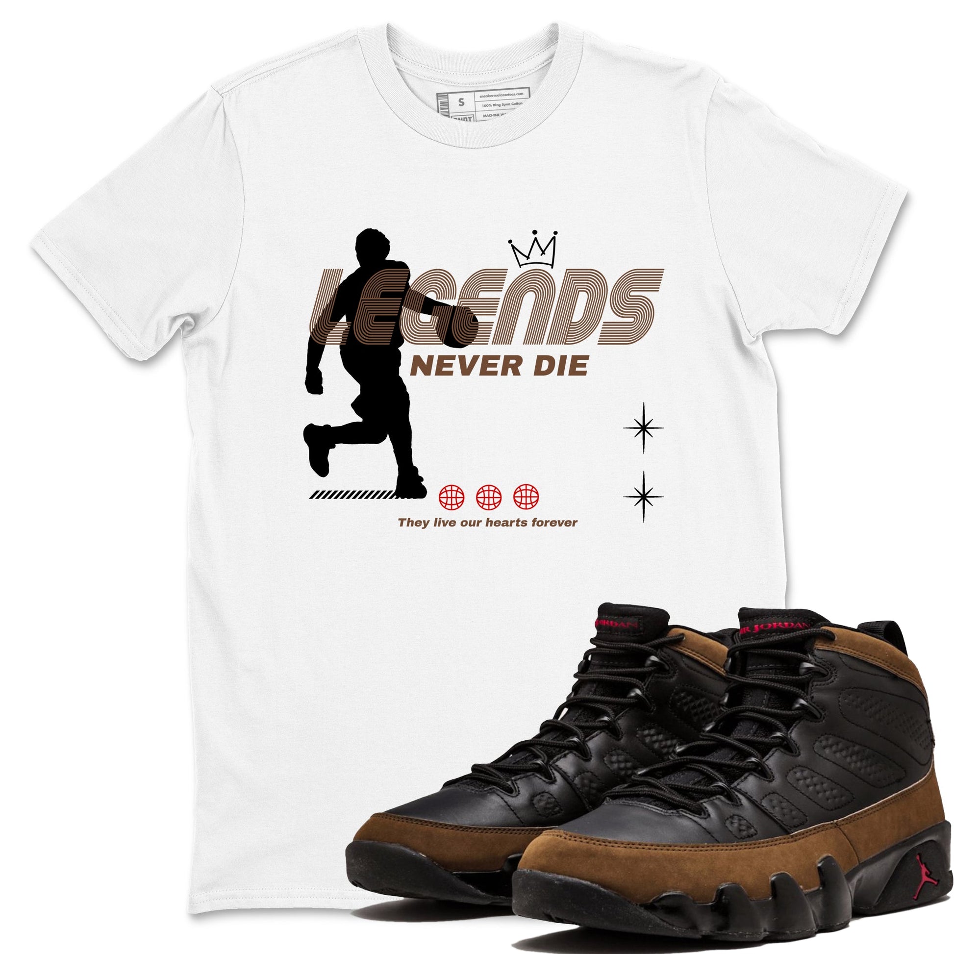 9s Olive shirts to match jordans Legends Never Die sneaker match tees Air Jordan 9 Olive match shoes to clothes SNRT Sneaker Tees unisex cotton White 1 shirts