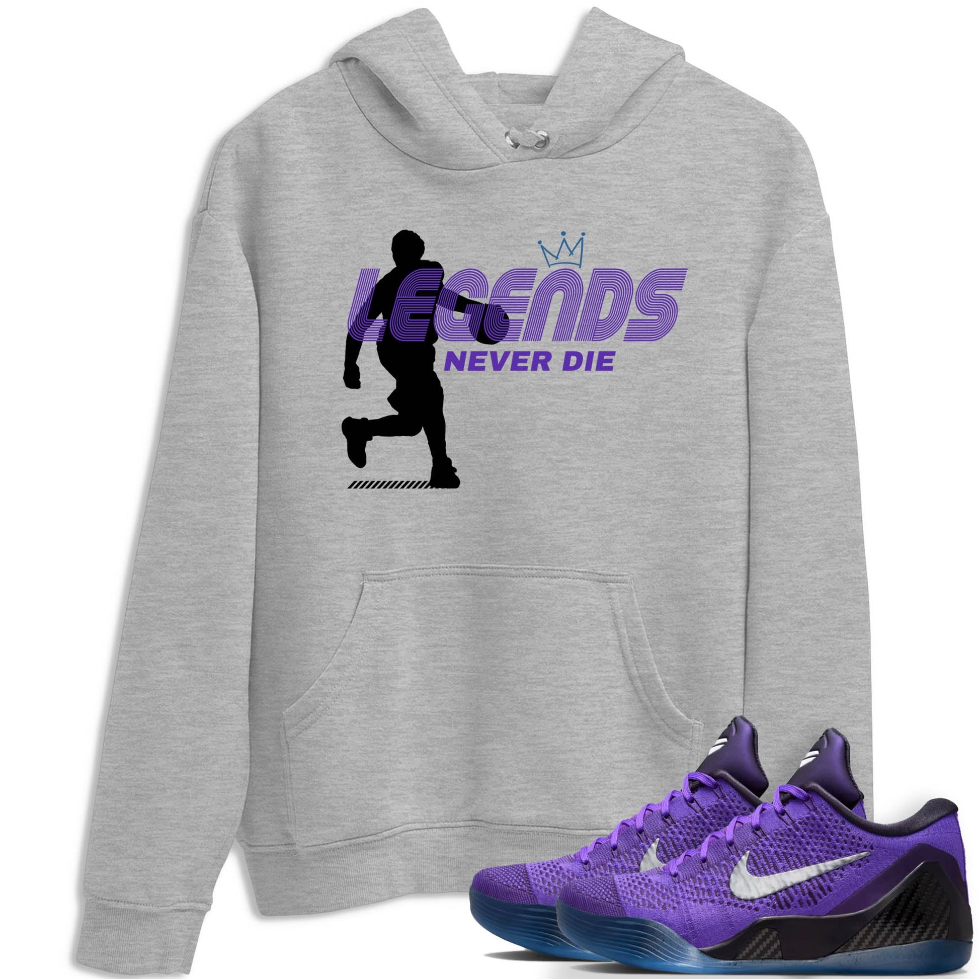 Sneaker Threads – Sneaker Tees To Match Nike KB 9 Hyper Grape – Legends Never Die Graphic Tee Heather Grey 1. Perfect for Jordan releases 2025 colorways. Perfect for purple basketball sneaker releases and legacy-inspired colorways for 2025 hoopers.