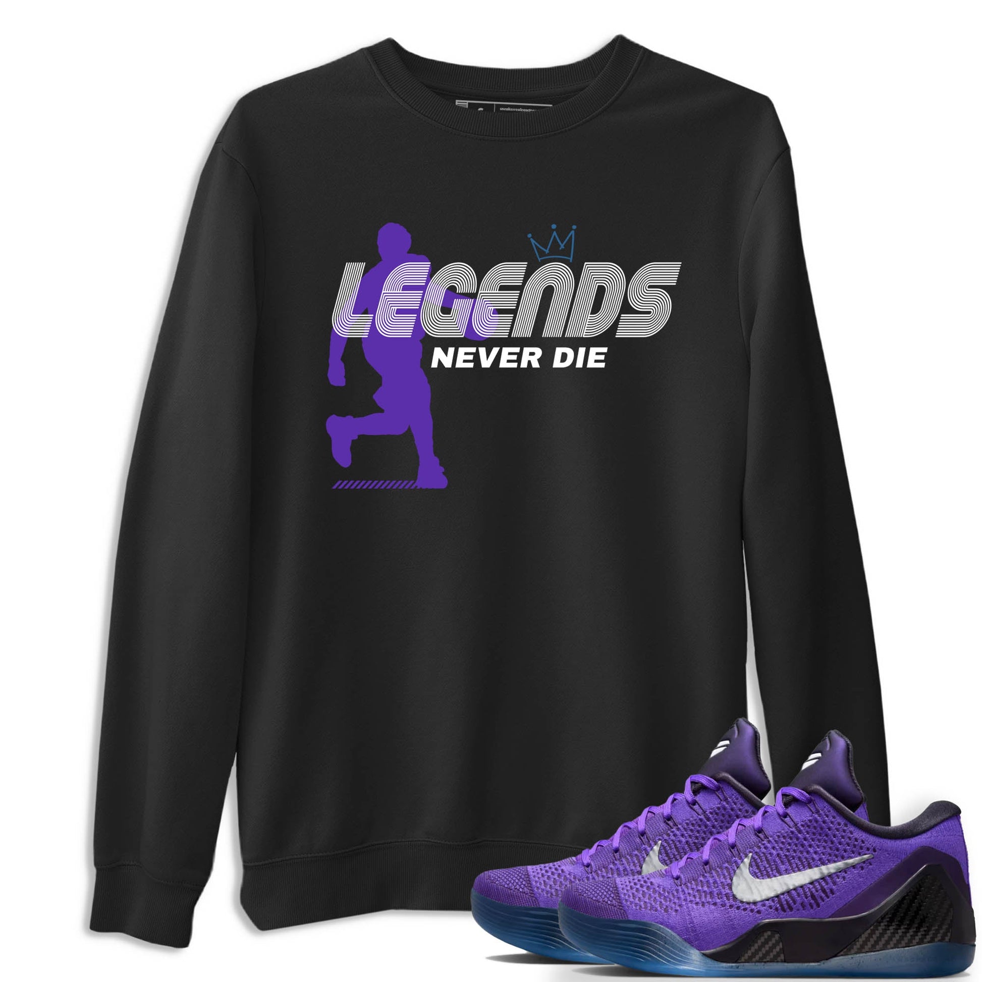 Sneaker Threads – Sneaker Tees To Match Nike KB 9 Hyper Grape – Legends Never Die Graphic Tee Black 1. Perfect for Jordan releases 2025 colorways. Perfect for purple basketball sneaker releases and legacy-inspired colorways for 2025 hoopers.