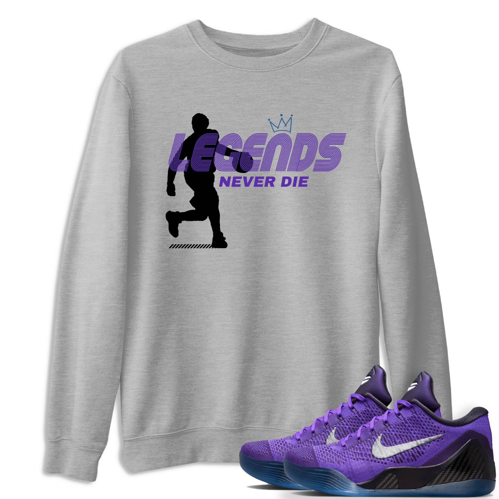 Sneaker Threads – Sneaker Tees To Match Nike KB 9 Hyper Grape – Legends Never Die Graphic Tee Heather Grey 1. Perfect for Jordan releases 2025 colorways. Perfect for purple basketball sneaker releases and legacy-inspired colorways for 2025 hoopers.