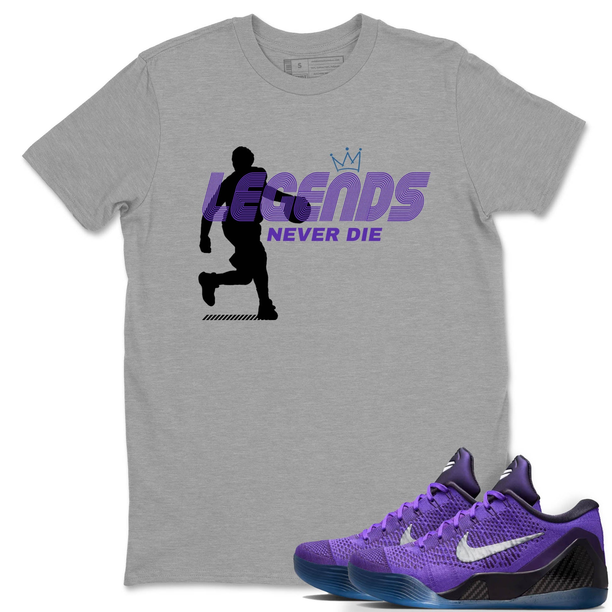 Sneaker Threads – Sneaker Tees To Match Nike KB 9 Hyper Grape – Legends Never Die Graphic Tee Heather Grey 1. Perfect for Jordan releases 2025 colorways. Perfect for purple basketball sneaker releases and legacy-inspired colorways for 2025 hoopers.
