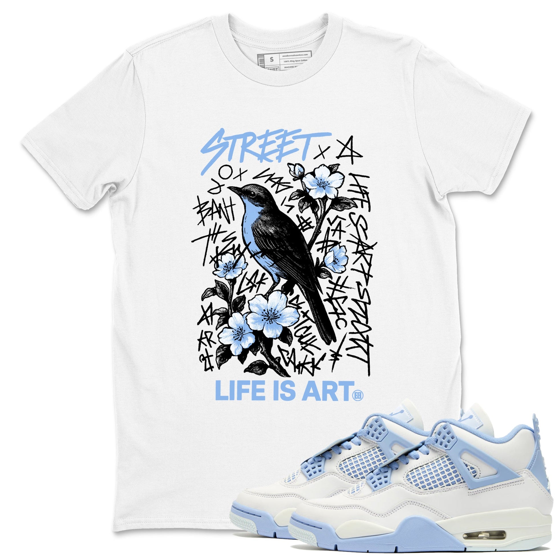 Air Jordan 4 Forget Me Not t-shirts to match jordans Life Is Art sneaker match tees 4s blue graphic tee for sneakerheads SNRT Sneaker Tees unisex cotton White 1 shirts