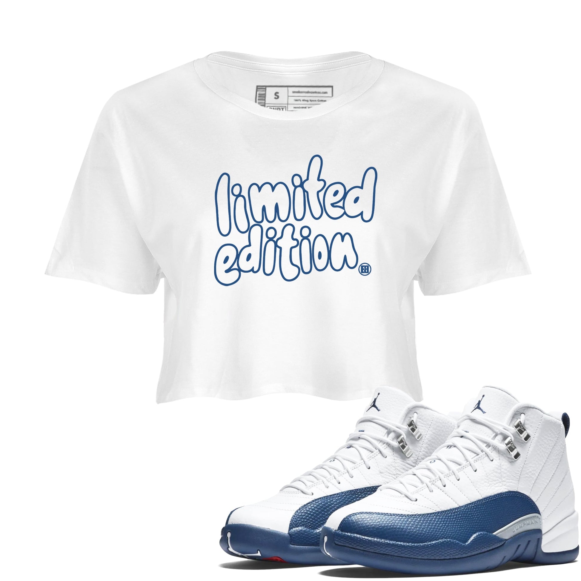 Sneaker match tees – Sneaker Tees To Match Air Jordan 12 French Blue Shoes – Limited Edition Crop T-Shirt White 1