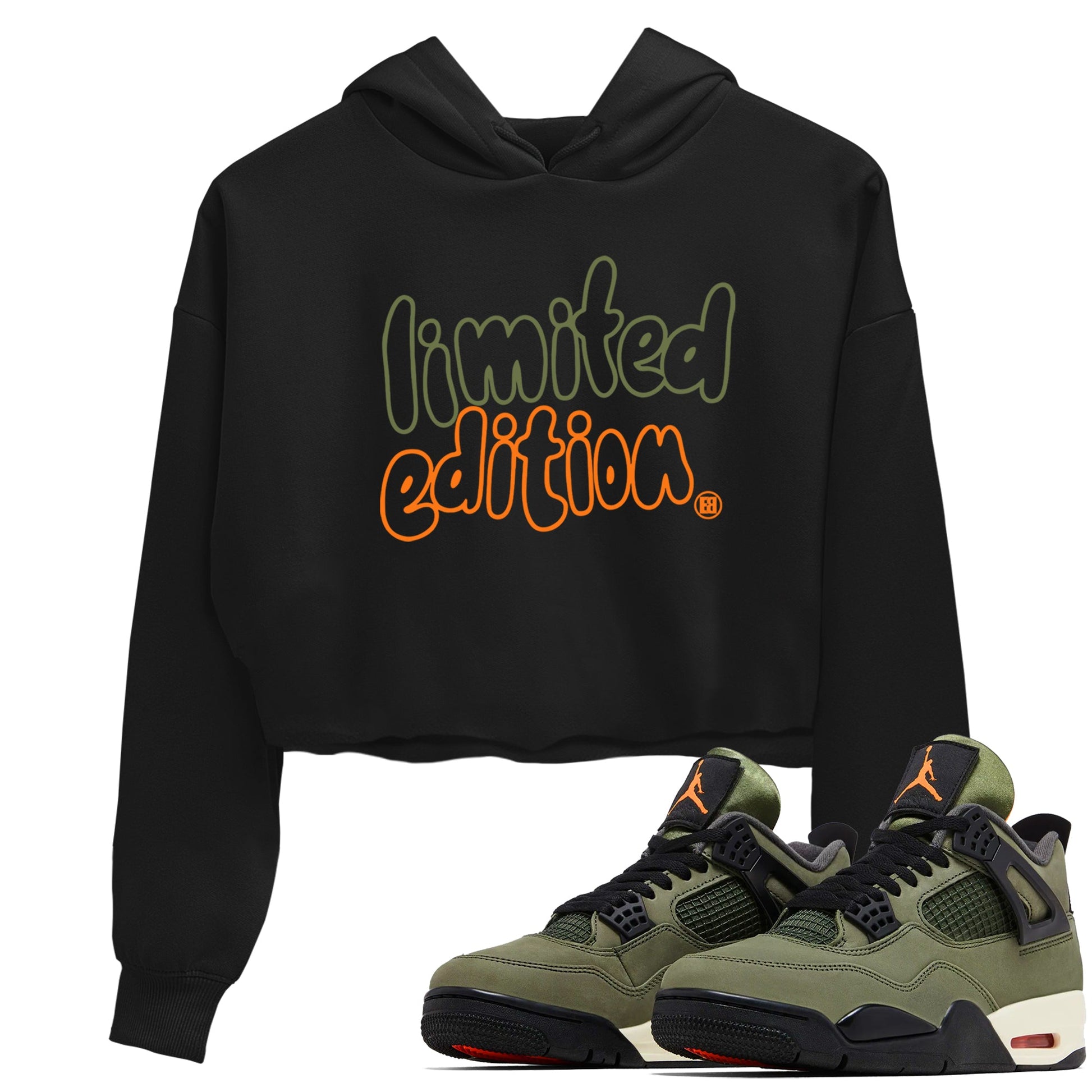 Sneaker match tees – Sneaker Tees To Match Undefeated inspired colorways Air Jordan 4 OG Olive Shoes – Limited Edition Crop T-Shirt Black 1