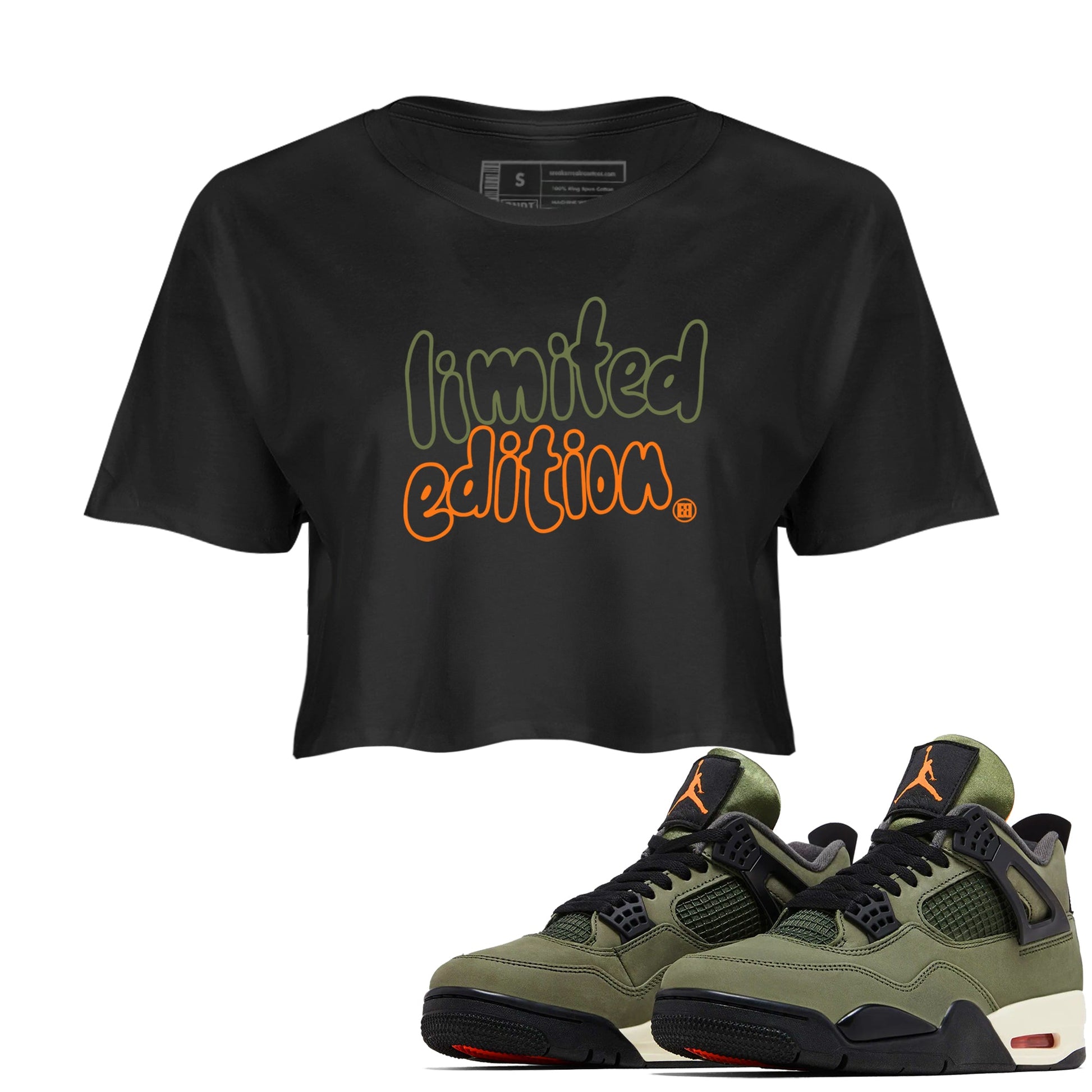 Sneaker match tees – Sneaker Tees To Match Undefeated inspired colorways Air Jordan 4 OG Olive Shoes – Limited Edition Crop T-Shirt Black 1