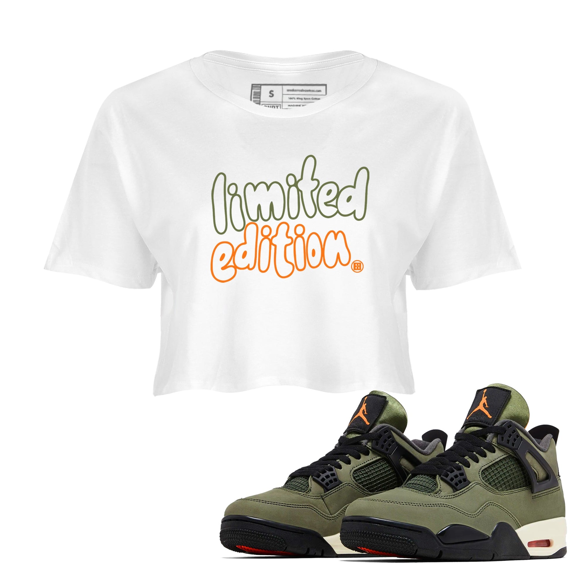 Sneaker match tees – Sneaker Tees To Match Undefeated inspired colorways Air Jordan 4 OG Olive Shoes – Limited Edition Crop T-Shirt White 1