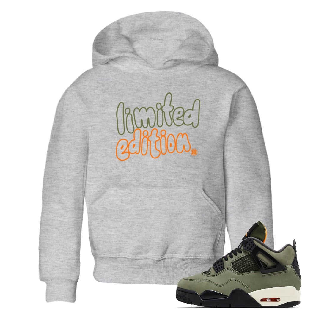 Sneaker match tees – Sneaker Tees To Match Undefeated inspired colorways Air Jordan 4 OG Olive Shoes – Limited Edition Kids T-Shirt Heather Grey 1