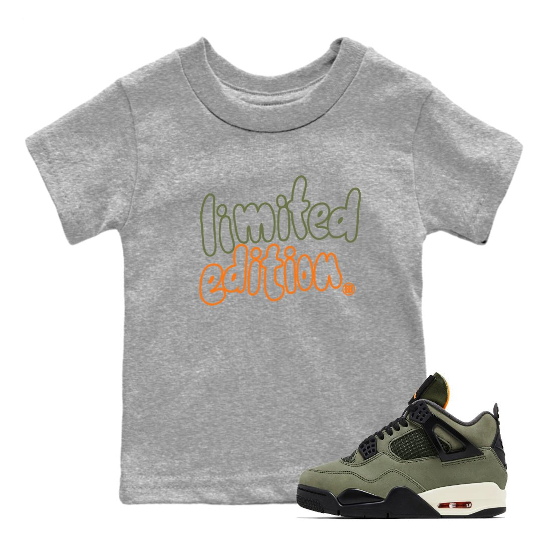 Sneaker match tees – Sneaker Tees To Match Undefeated inspired colorways Air Jordan 4 OG Olive Shoes – Limited Edition Kids T-Shirt Heather Grey 1