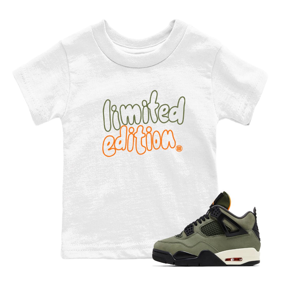 Sneaker match tees – Sneaker Tees To Match Undefeated inspired colorways Air Jordan 4 OG Olive Shoes – Limited Edition Kids T-Shirt White 1