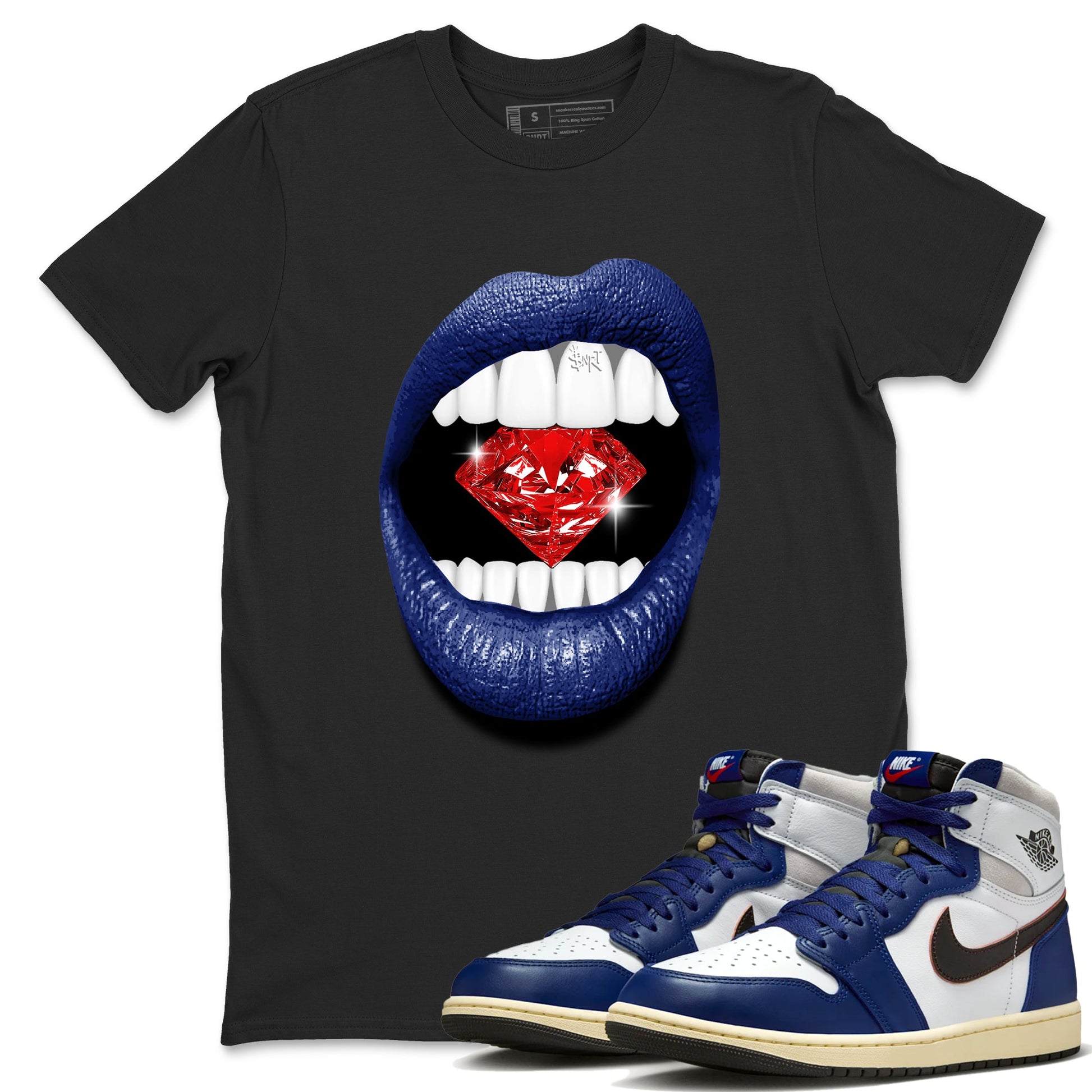 1s Rare Air shirts to match jordans Lips Diamond sneaker match tees Air Jordan 1 High OG Rare Air Deep Royal Blue match shoes to clothes SNRT Sneaker Tees unisex cotton Black 1 shirts