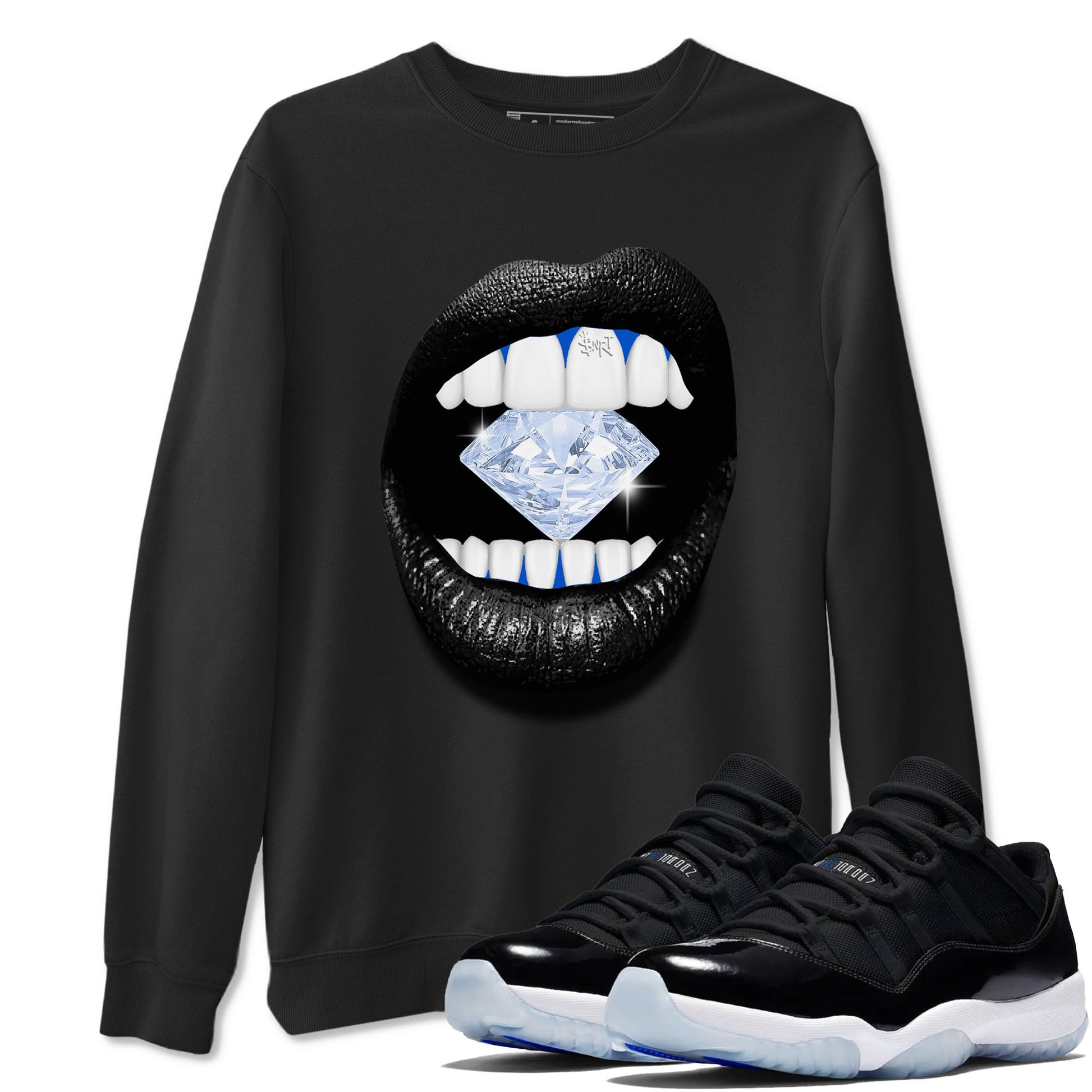 11s Black and Varsity Royal shirt to match jordans Lips Diamond sneaker tees AJ11 Black and Varsity Royal SNRT sneaker Release Tees unisex cotton Black 1 crew neck shirt