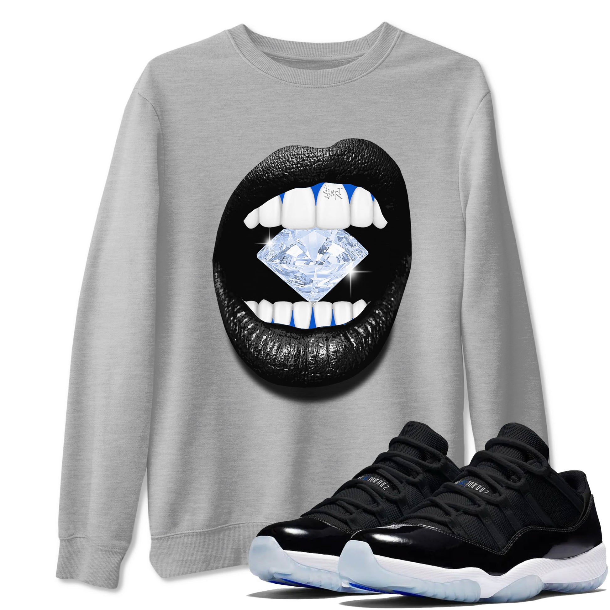 11s Black and Varsity Royal shirt to match jordans Lips Diamond sneaker tees AJ11 Black and Varsity Royal SNRT sneaker Release Tees unisex cotton Heather Grey 1 crew neck shirt