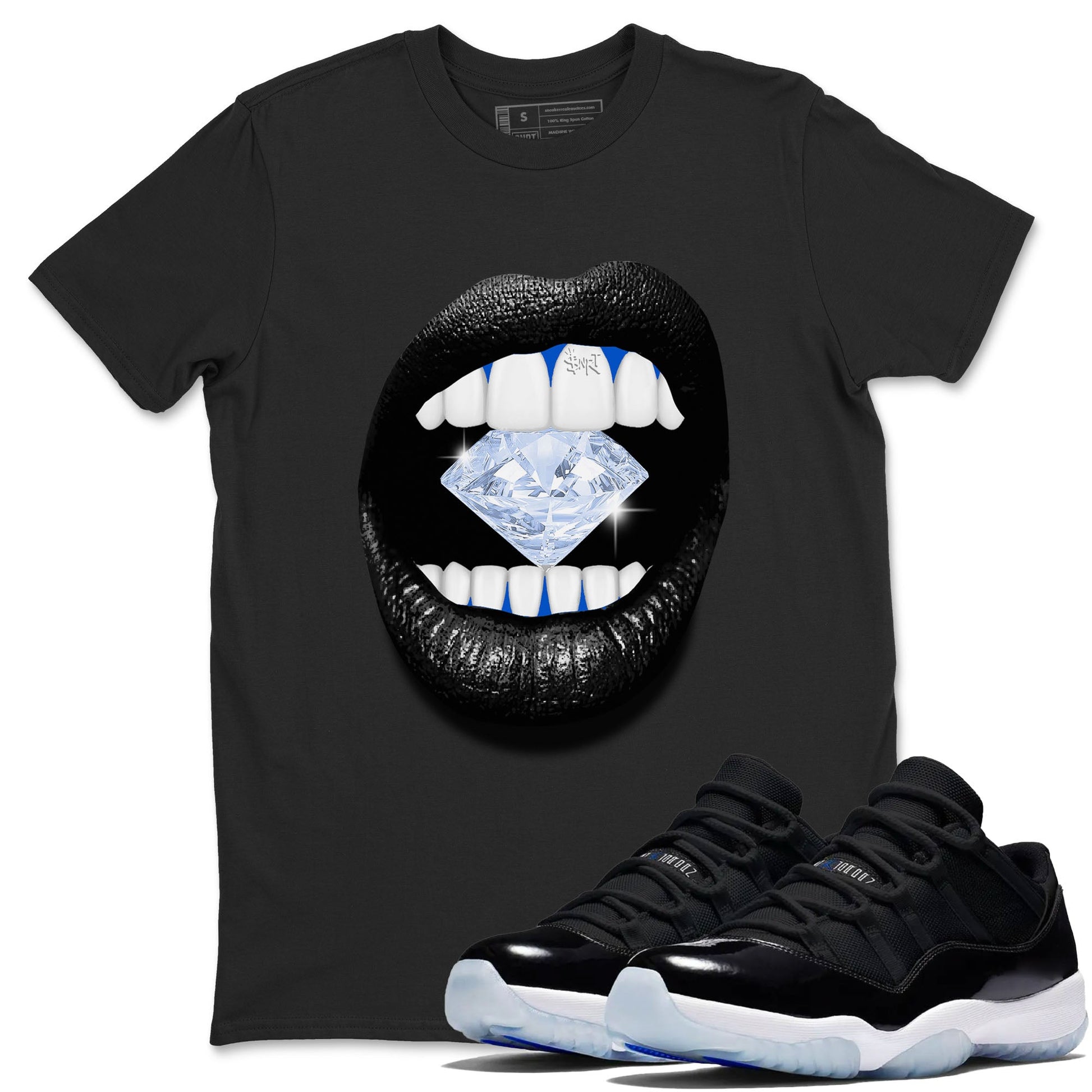 11s Black and Varsity Royal shirt to match jordans Lips Diamond sneaker tees AJ11 Black and Varsity Royal SNRT sneaker Release Tees unisex cotton Black 1 crew neck shirt