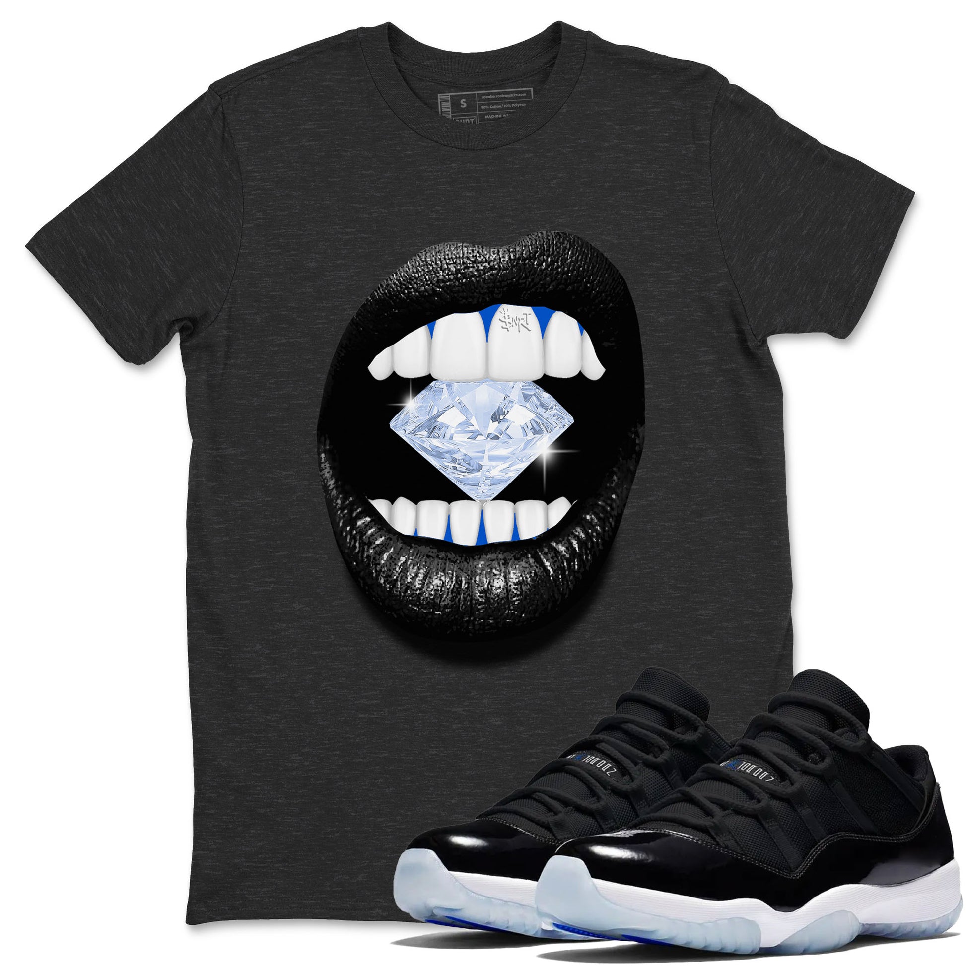 11s Black and Varsity Royal shirt to match jordans Lips Diamond sneaker tees AJ11 Black and Varsity Royal SNRT sneaker Release Tees unisex cotton Charcoal Heather 1 crew neck shirt