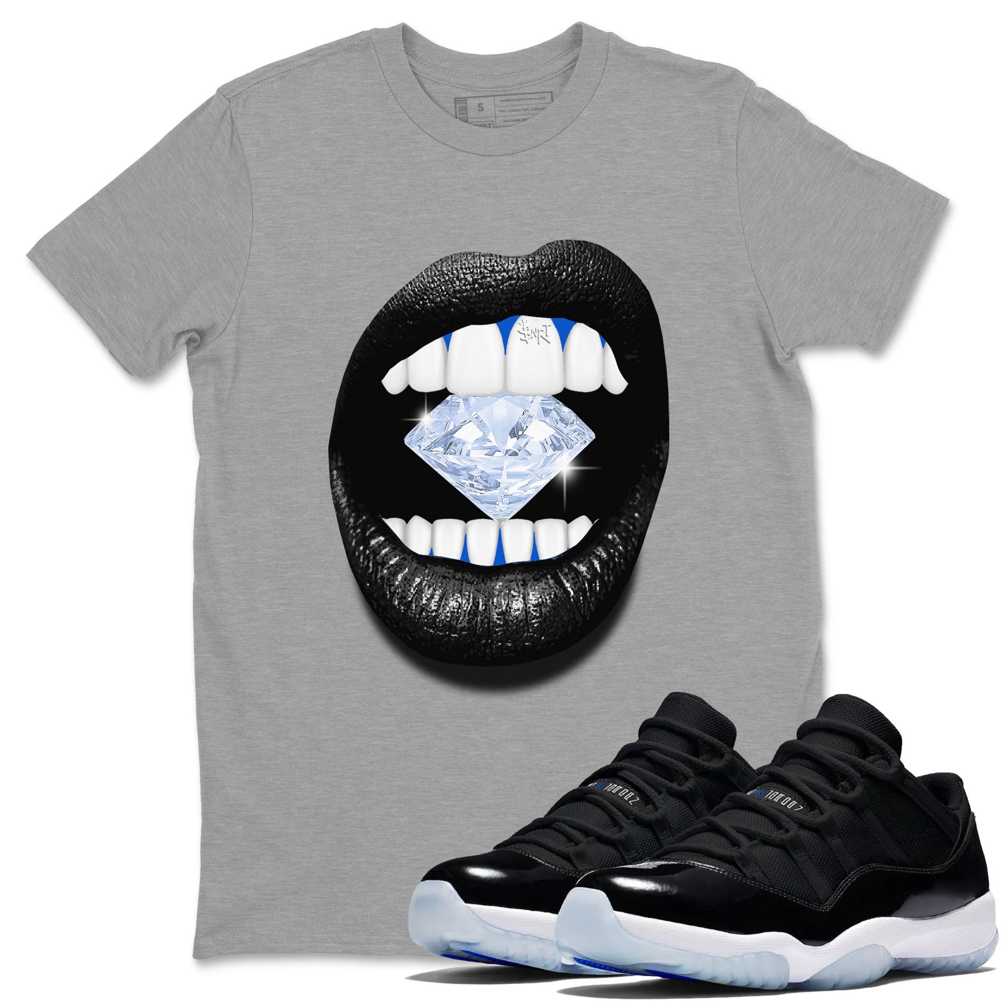 11s Black and Varsity Royal shirt to match jordans Lips Diamond sneaker tees AJ11 Black and Varsity Royal SNRT sneaker Release Tees unisex cotton Heather Grey 1 crew neck shirt