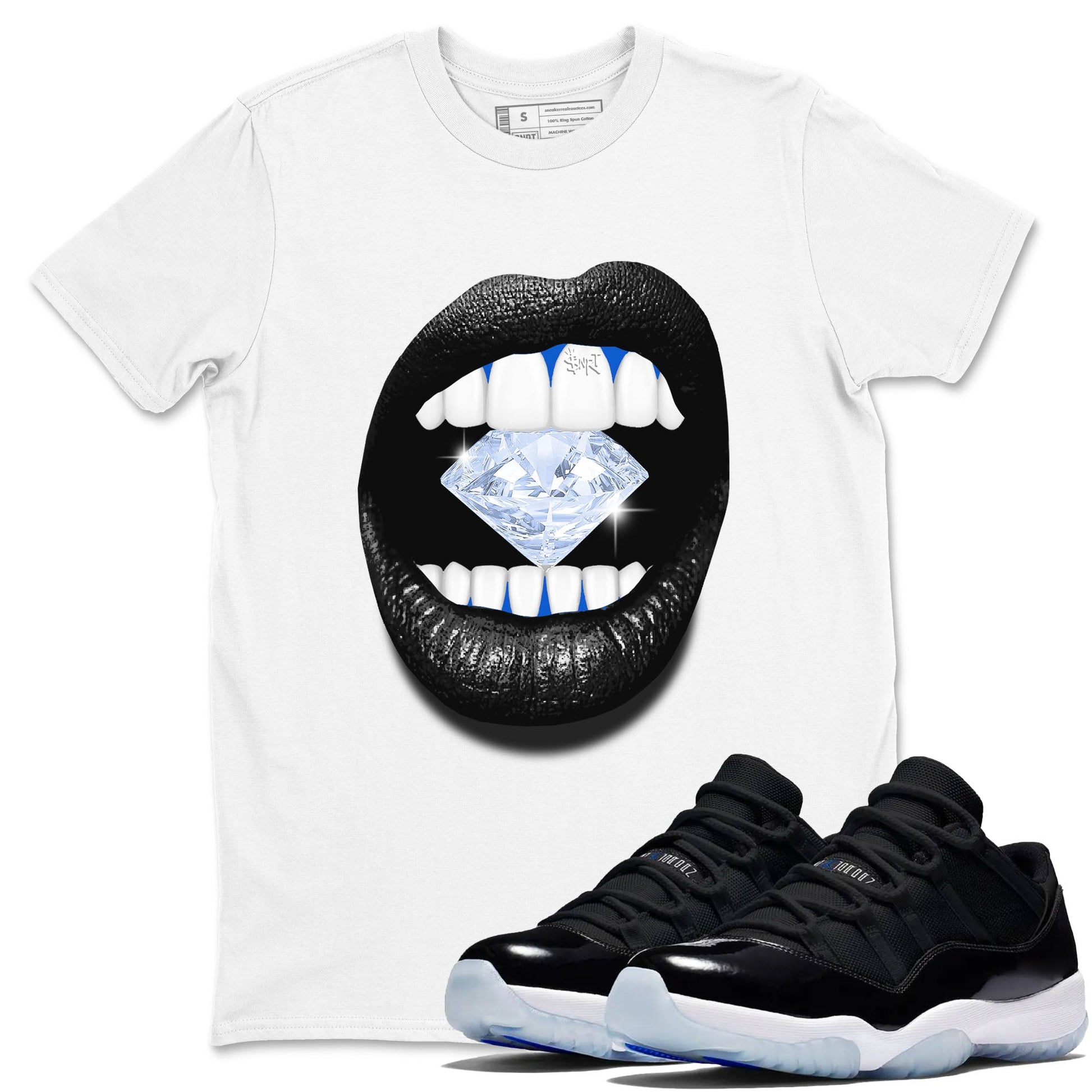 11s Black and Varsity Royal shirt to match jordans Lips Diamond sneaker tees AJ11 Black and Varsity Royal SNRT sneaker Release Tees unisex cotton White 1 crew neck shirt