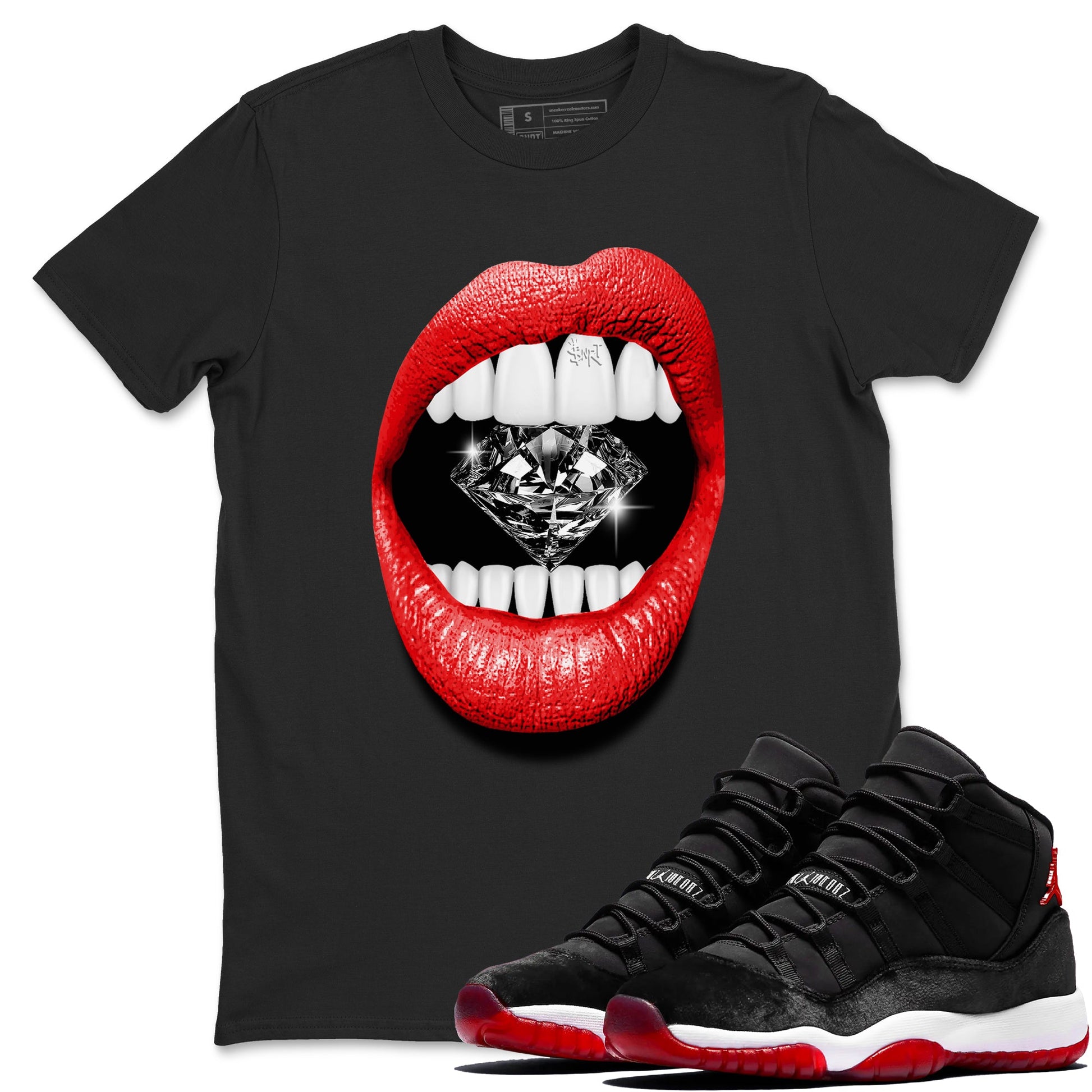 11s Bred Velvet shirts to match jordans Lips Diamond sneaker match tees Air Jordan 11 Bred Velvet match shoes to clothes SNRT Sneaker Tees unisex cotton Black 1 shirts
