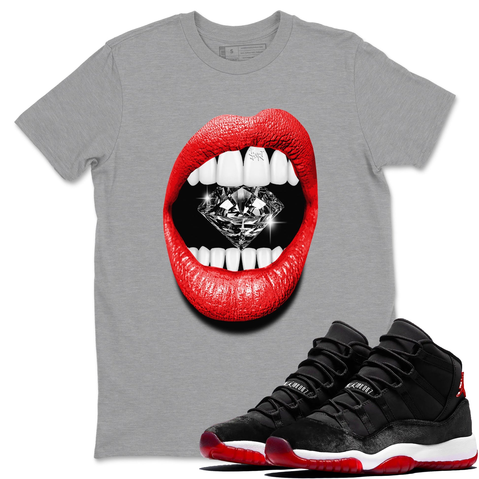 11s Bred Velvet shirts to match jordans Lips Diamond sneaker match tees Air Jordan 11 Bred Velvet match shoes to clothes SNRT Sneaker Tees unisex cotton Heather Grey 1 shirts