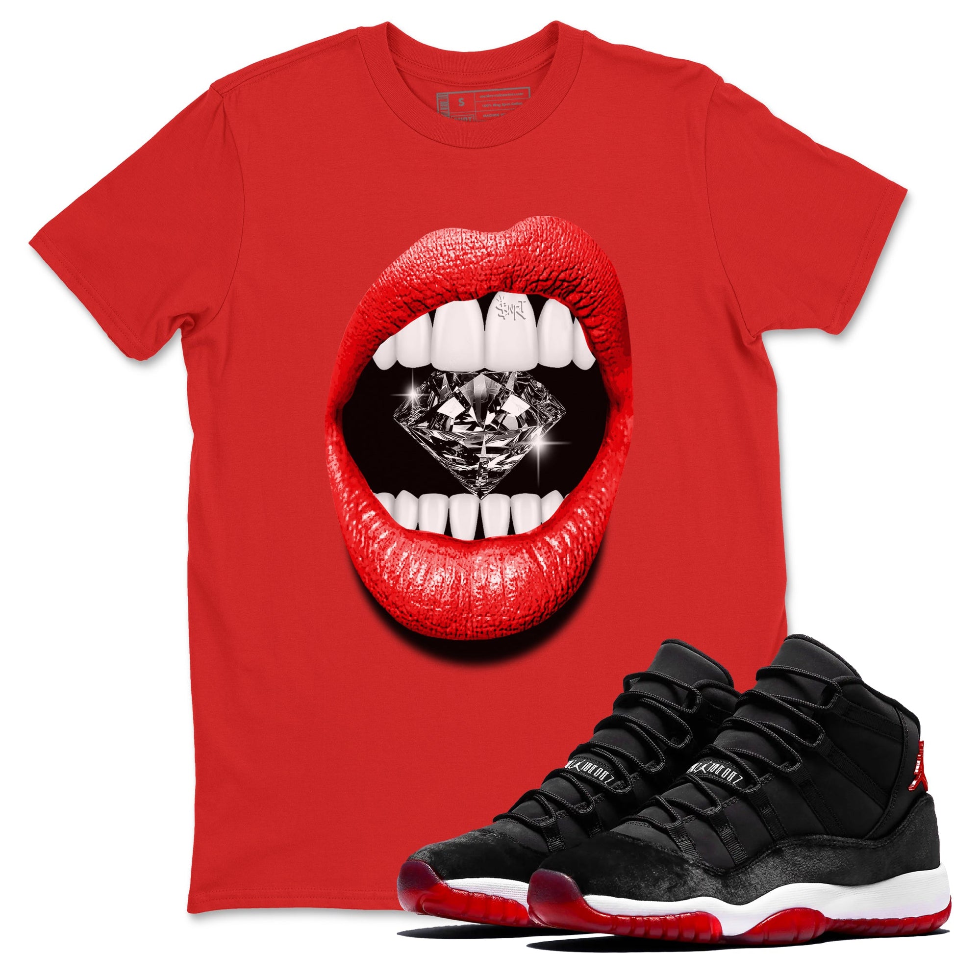 11s Bred Velvet shirts to match jordans Lips Diamond sneaker match tees Air Jordan 11 Bred Velvet match shoes to clothes SNRT Sneaker Tees unisex cotton Red 1 shirts