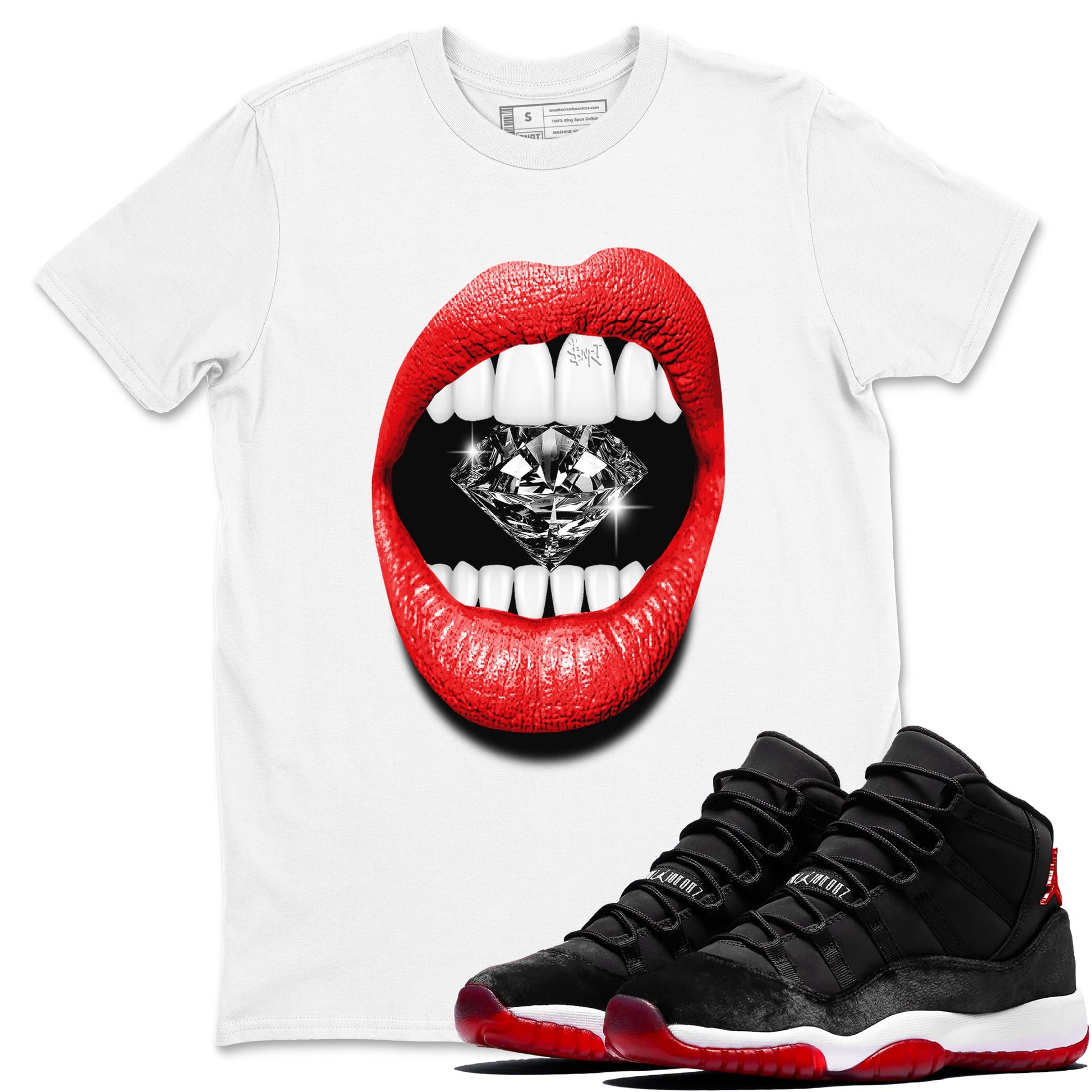 11s Bred Velvet shirts to match jordans Lips Diamond sneaker match tees Air Jordan 11 Bred Velvet match shoes to clothes SNRT Sneaker Tees unisex cotton White 1 shirts
