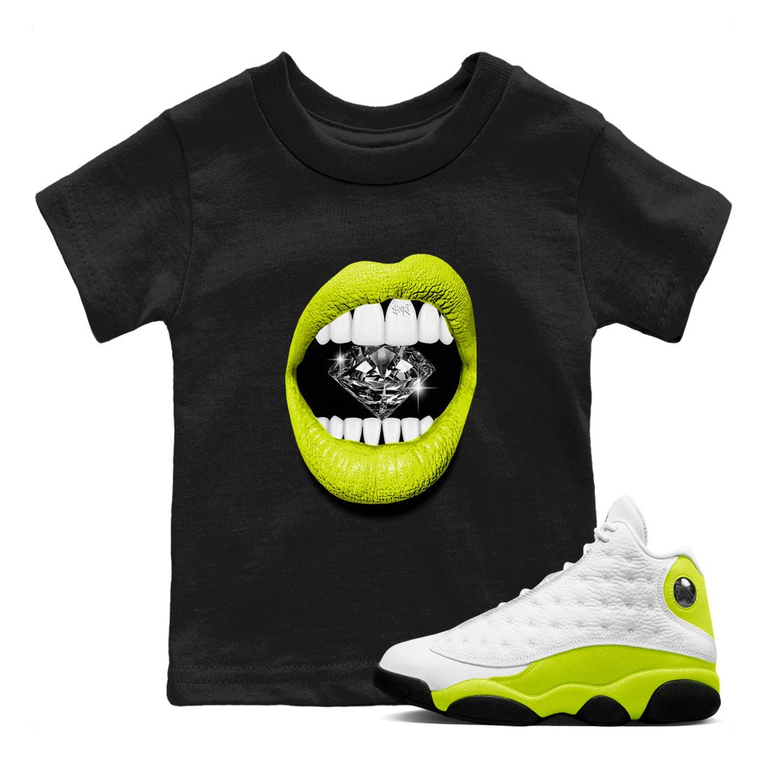 Jordan 13 Bright Cactus Shirts To Match Jordans Lips Diamond Sneaker Shirts 13s Bright Cactus SNRT Sneaker Release Tees Baby Youth Toddler Black 1 crew neck shirts