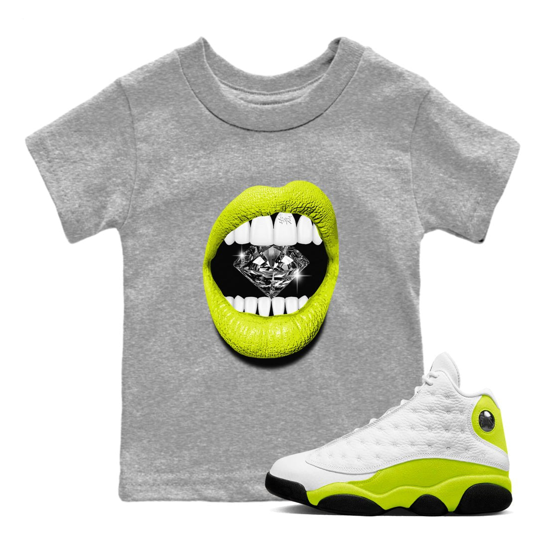 Jordan 13 Bright Cactus Shirts To Match Jordans Lips Diamond Sneaker Shirts 13s Bright Cactus SNRT Sneaker Release Tees Baby Youth Toddler Heather Grey 1 crew neck shirts