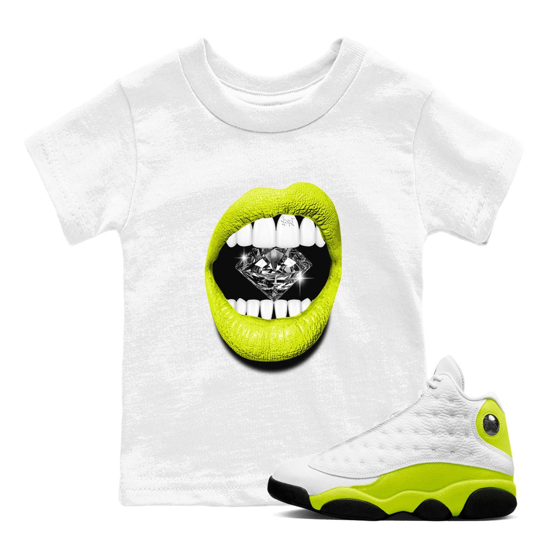 Jordan 13 Bright Cactus Shirts To Match Jordans Lips Diamond Sneaker Shirts 13s Bright Cactus SNRT Sneaker Release Tees Baby Youth Toddler White 1 crew neck shirts