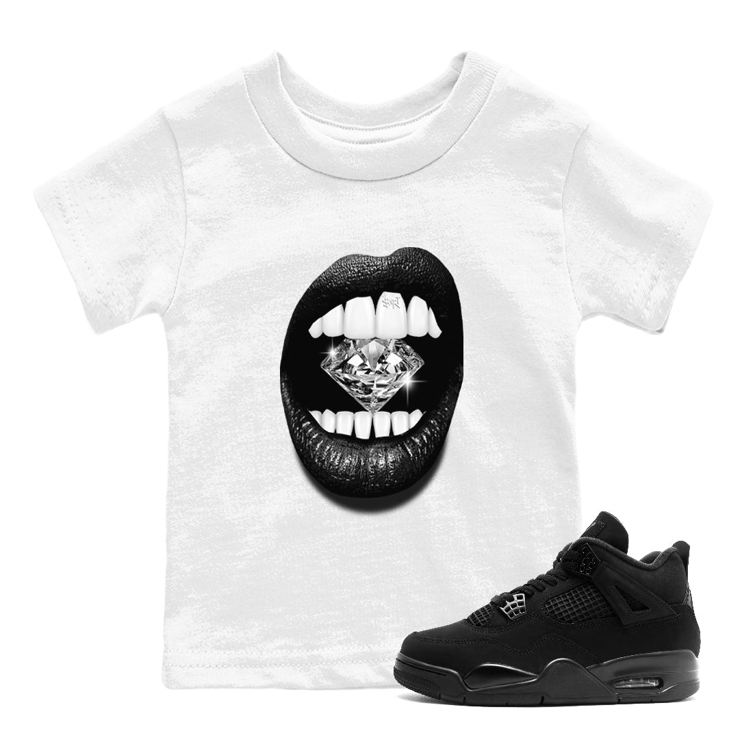 4s Black Cat Sneaker match tees – Sneaker Tees To Match Air Jordan 4 Black Cat Shoes – Lips Diamond Kids T-Shirt White 1