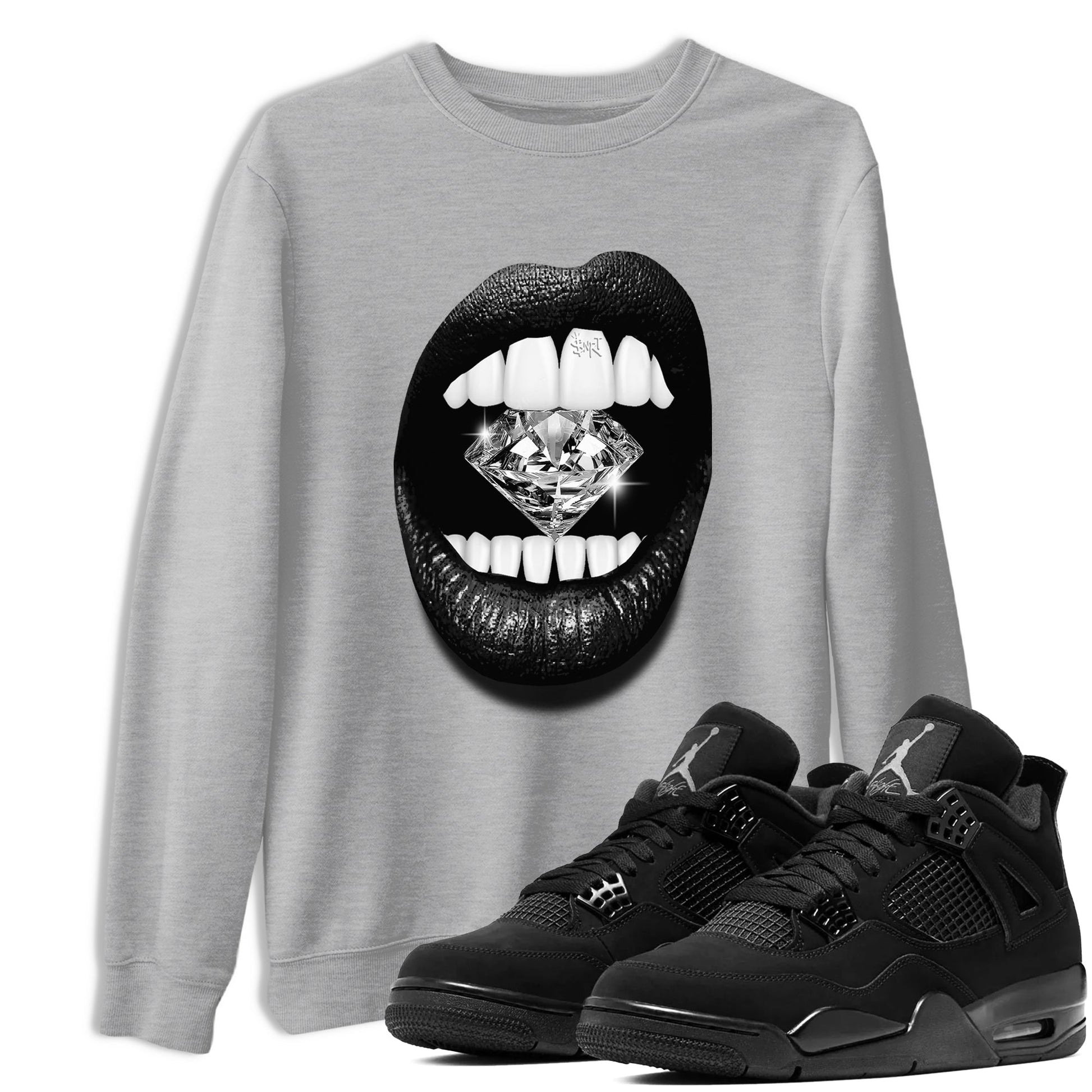4s Black Cat Sneaker match tees – Sneaker Tees To Match Air Jordan 4 Black Cat Shoes – Lips Diamond Tee Heather Grey 1